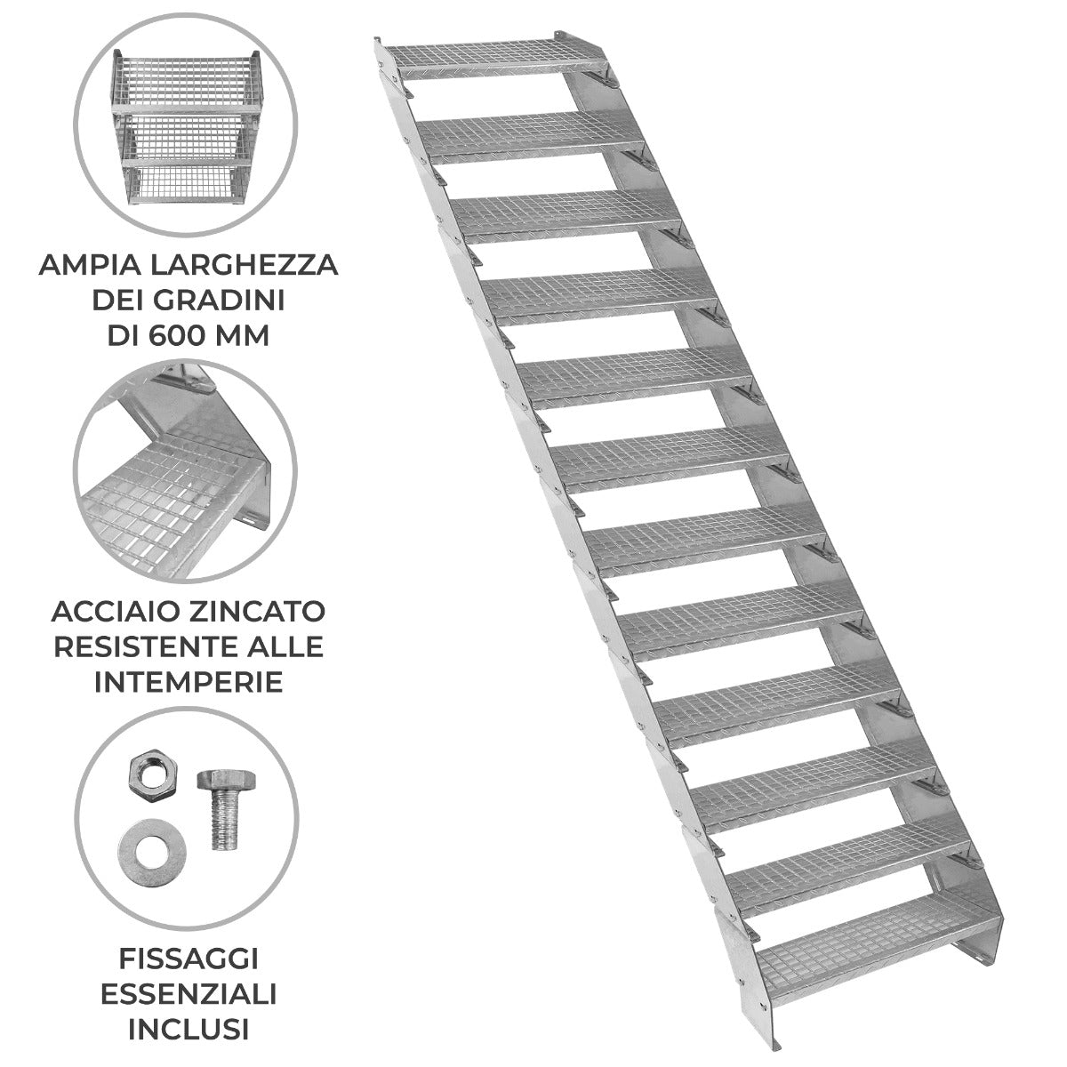 Scala zincata regolabile a 12 elementi, ampia larghezza di 600 mm, superficie antiscivolo e struttura resistente alle intemperie