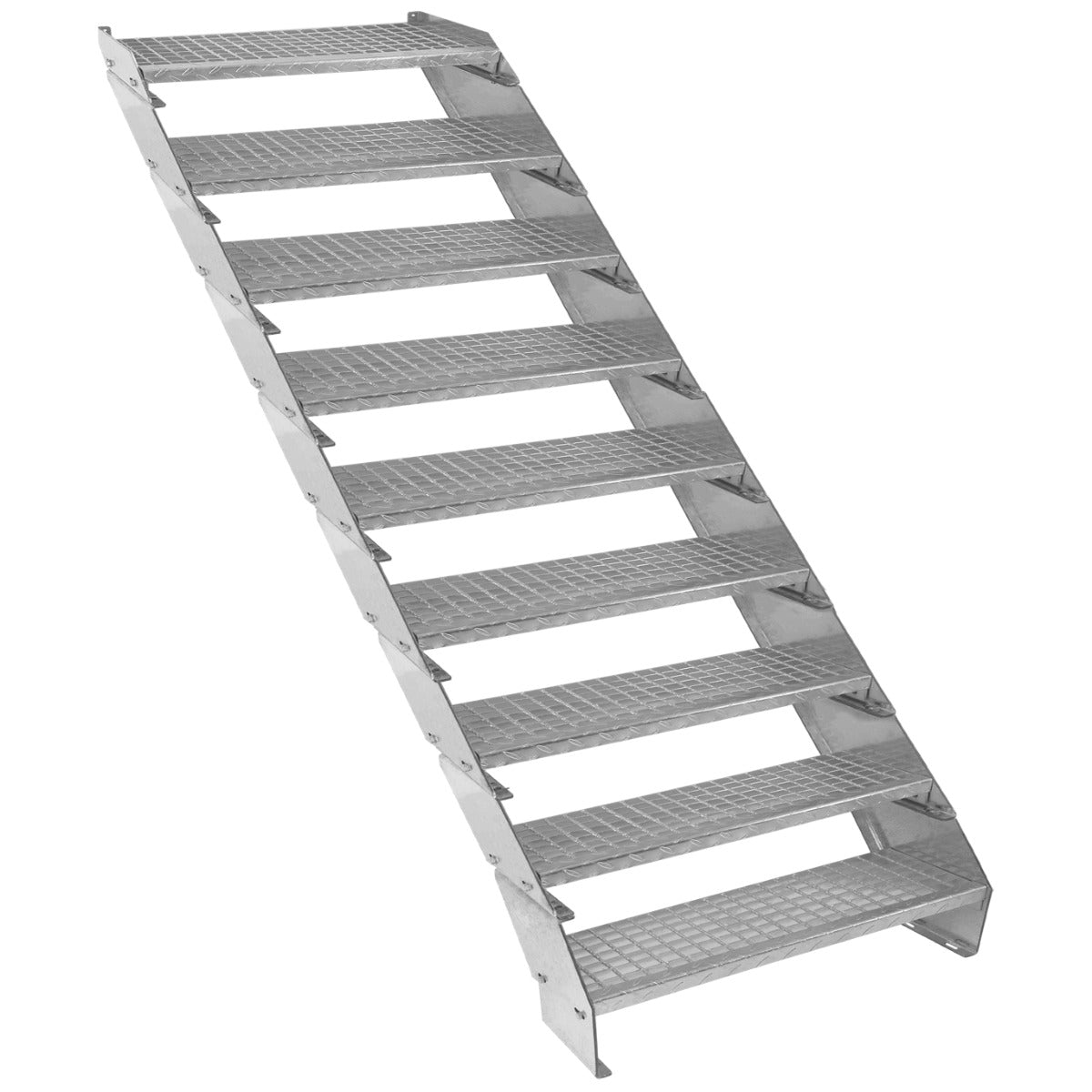 Scala zincata regolabile a 9 elementi, larghezza 900 mm, con gradini antiscivolo e struttura robusta in metallo lucido e resistente
