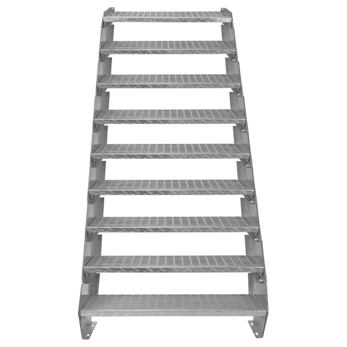 Scala zincata regolabile a 9 elementi, larghezza 900 mm, con gradini antiscivolo e struttura robusta in metallo grigio lucido