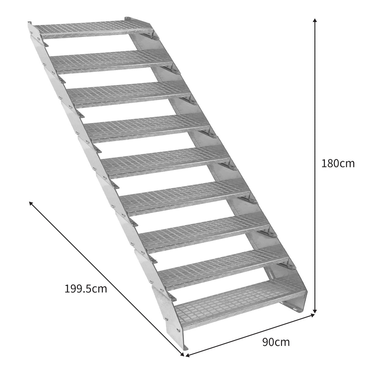 Scala zincata regolabile a 9 elementi, larghezza 900 mm, con gradini antiscivolo e struttura robusta, ideale per lavori in altezza
