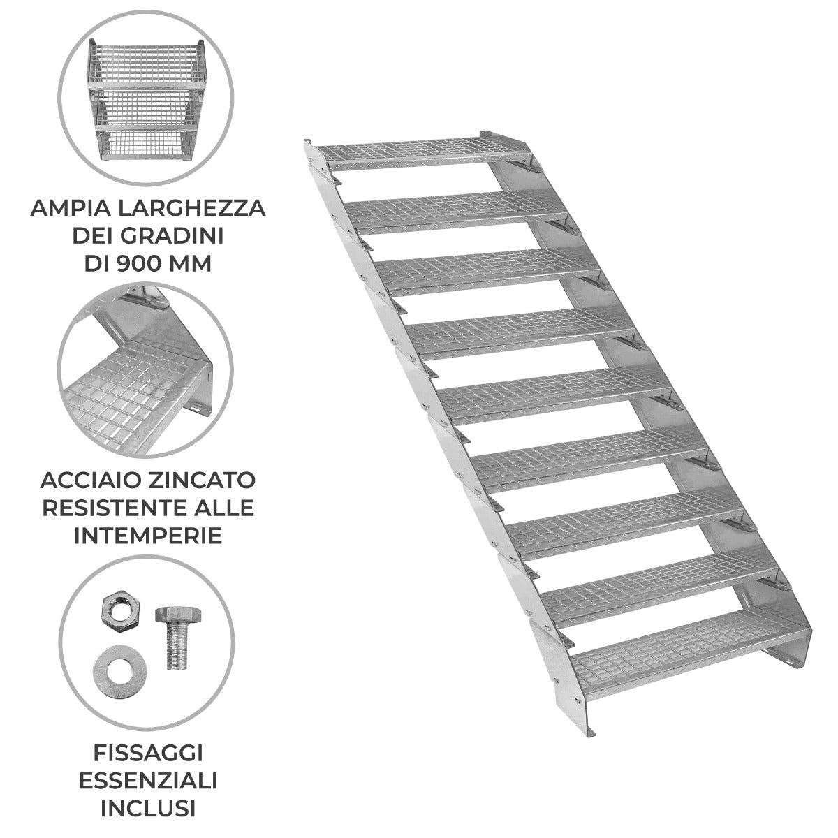 Scala zincata regolabile a 9 elementi, ampia larghezza di 900 mm, con gradini antiscivolo e fissaggi essenziali inclusi