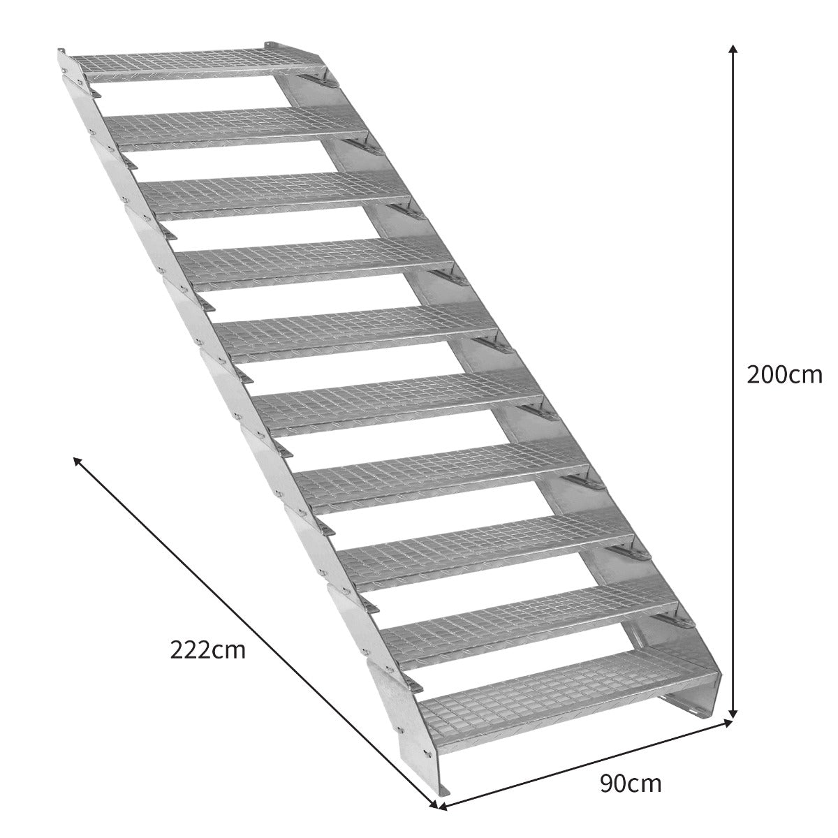 Scala zincata regolabile a 10 elementi, larga 900 mm, con gradini antiscivolo e struttura robusta, ideale per lavori in altezza