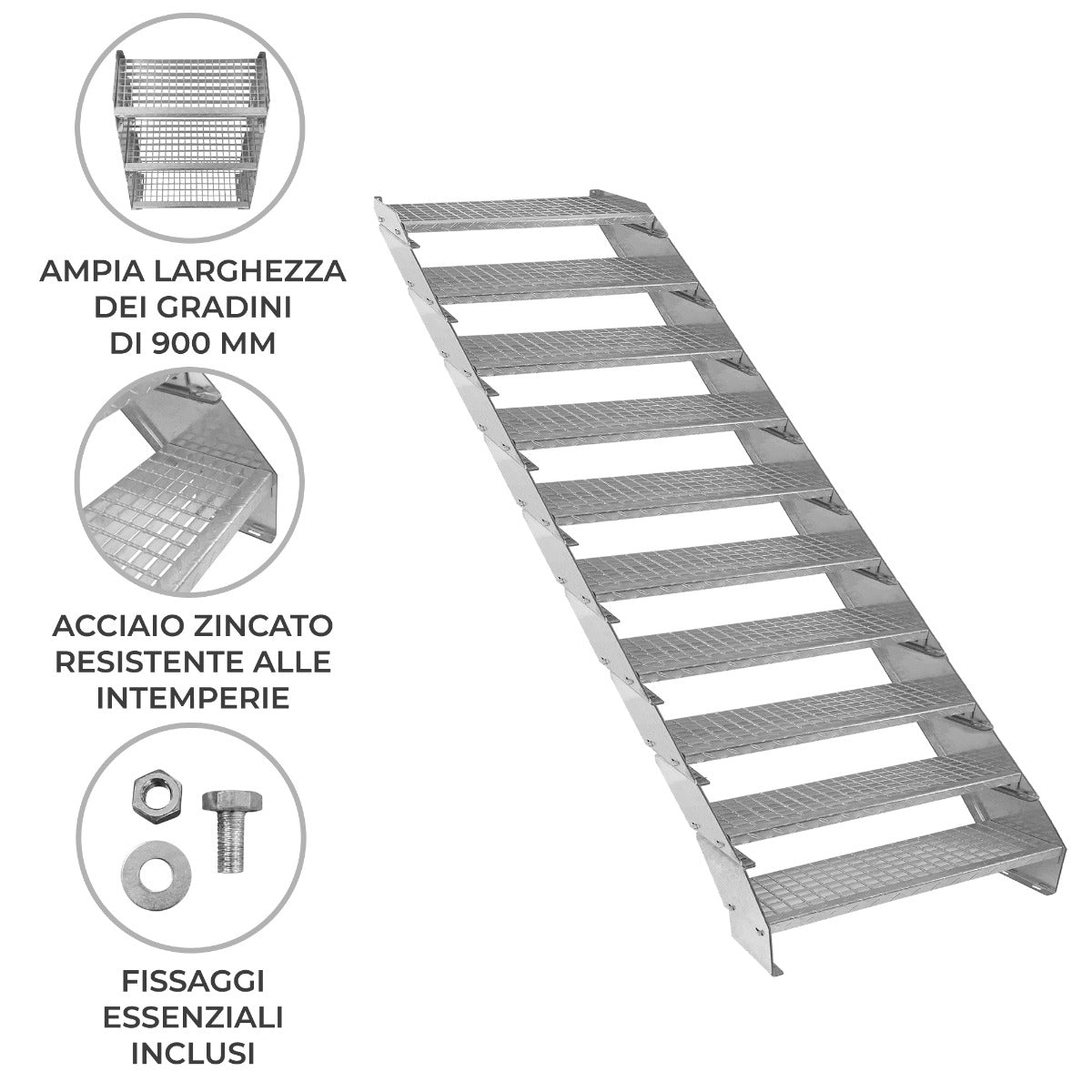 Scala zincata regolabile a 10 elementi, ampia larghezza di 900 mm, con gradini in acciaio resistente e texture antiscivolo