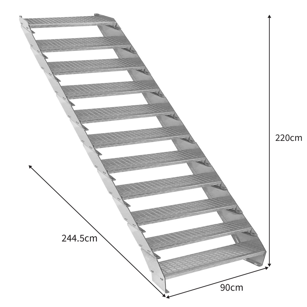 Scala zincata regolabile a 11 elementi, con gradini antiscivolo, larghezza 900 mm, finitura metallica lucida e robusta struttura