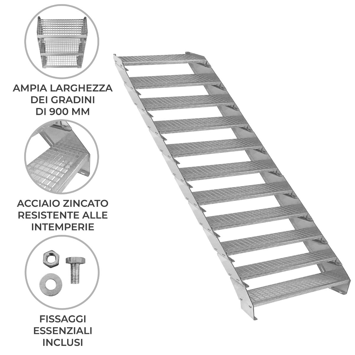 Scala zincata regolabile a 11 elementi, ampia larghezza di 900 mm, con gradini antiscivolo e finitura resistente alle intemperie