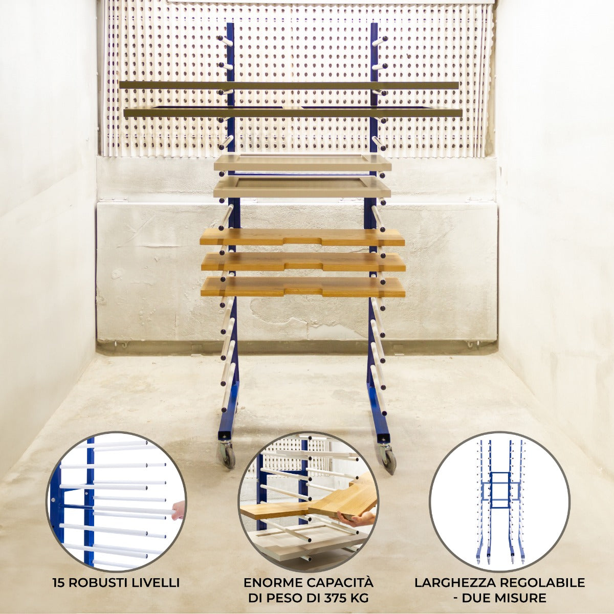 Carrello per asciugatura a spruzzo combinato con 15 livelli robusti, struttura blu e ripiani in legno, capacità di 375 kg