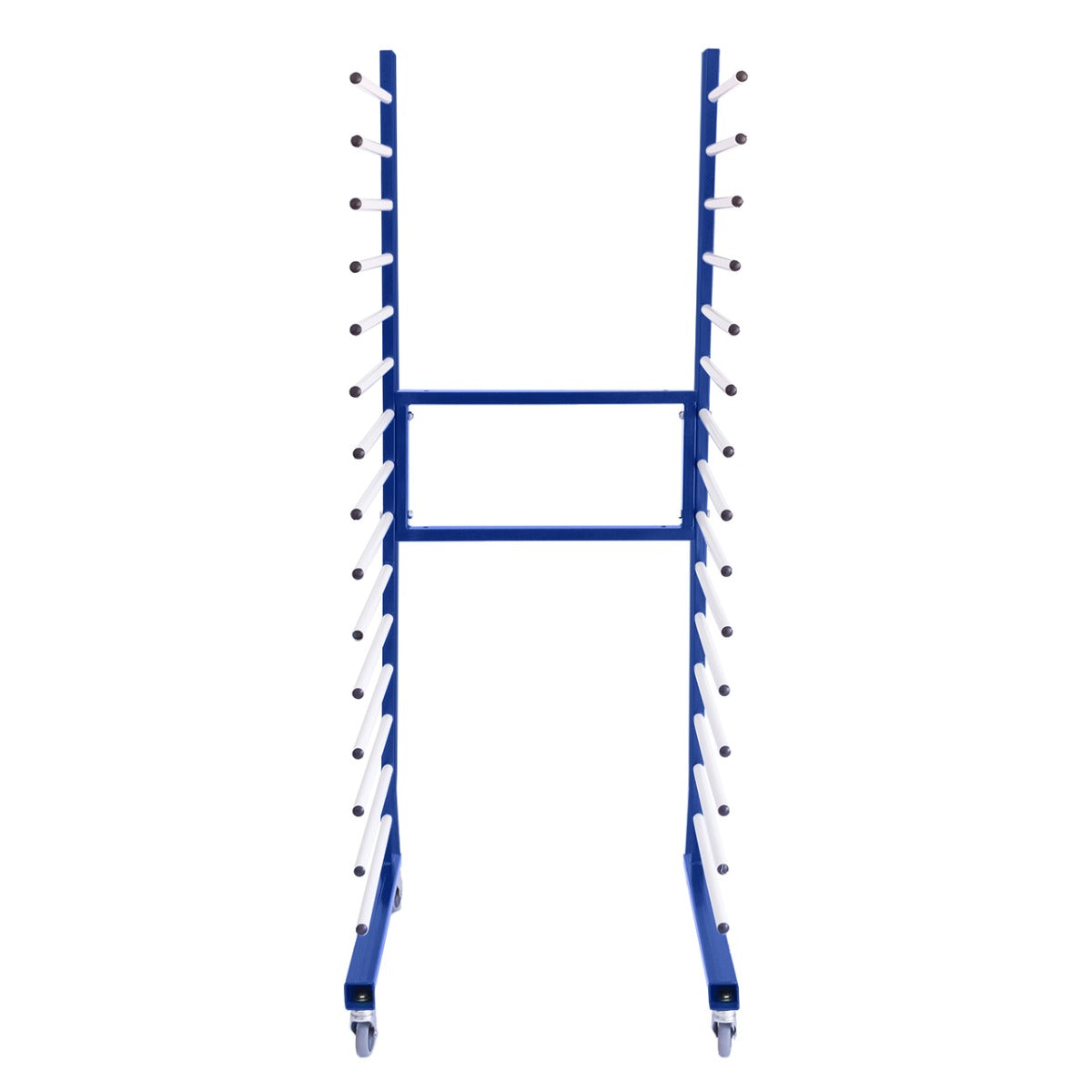 Carrello per asciugatura a spruzzo combinato, struttura in metallo blu con barre bianche, ruote per facile spostamento e stabilità