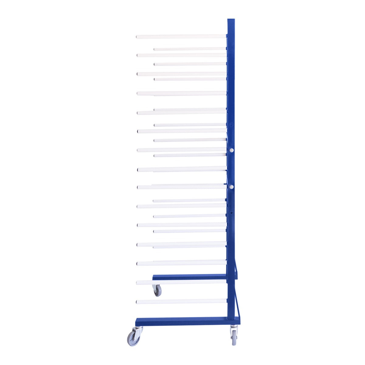Carrello per asciugatura a spruzzo combinato, struttura blu in metallo con barre bianche, ruote per facilità di movimento e stabilità