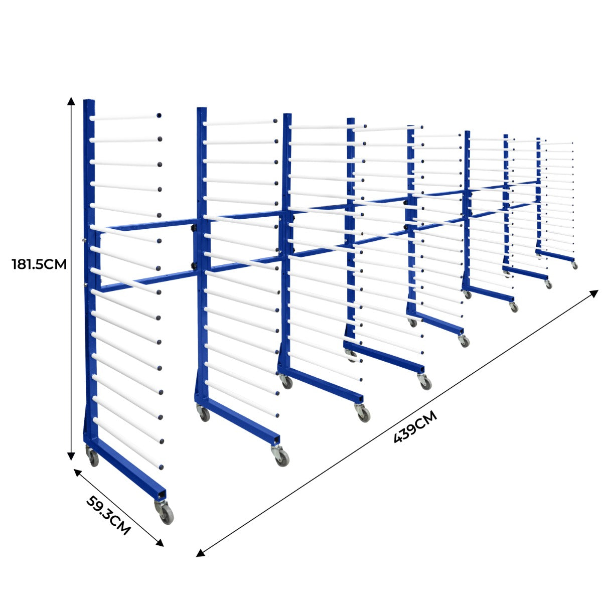 Carrello per asciugatura vernici a spruzzo combinato, struttura blu e bianca, con 4 livelli e 3 connettori, ruote per facilità di movimento