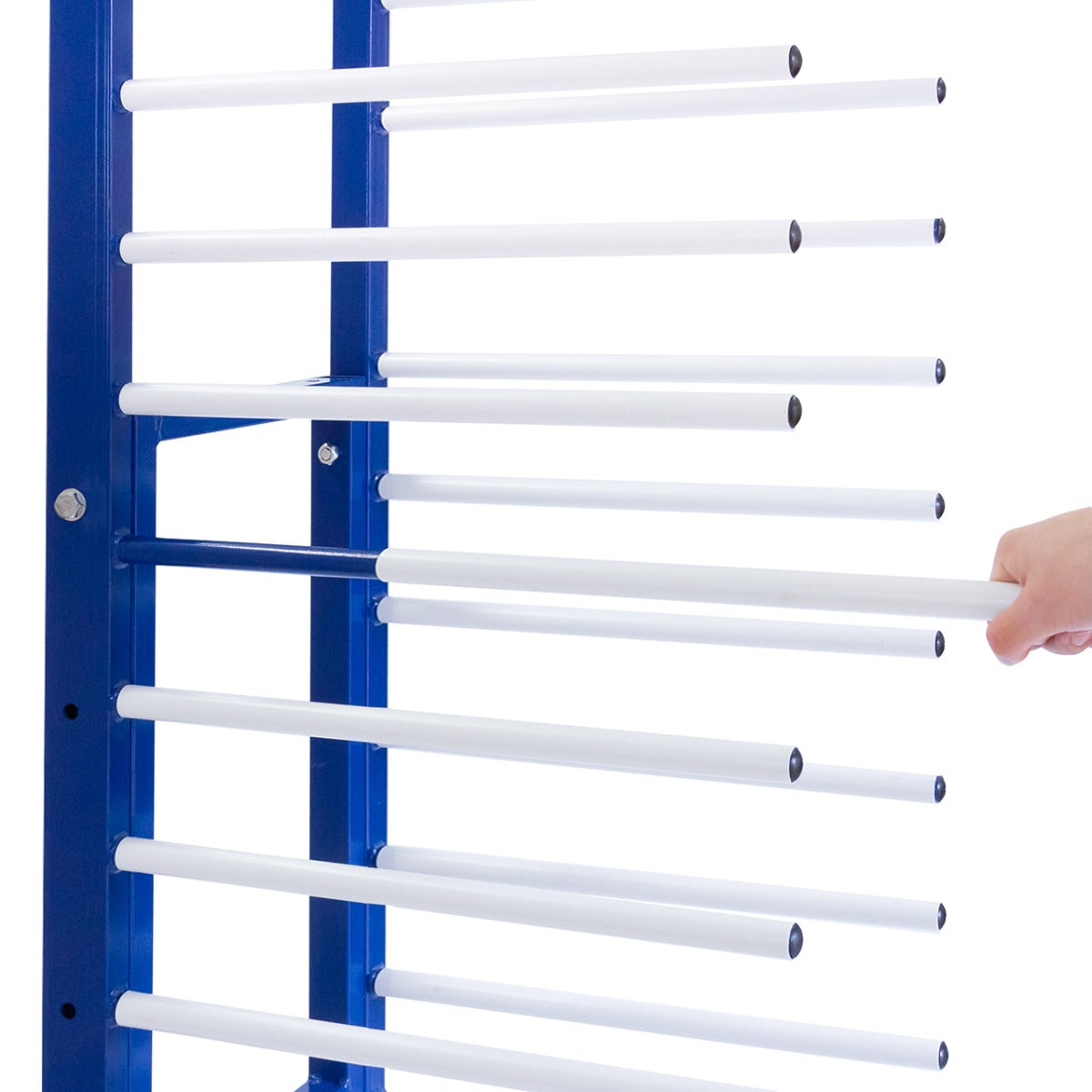 Carrello per asciugatura vernici a spruzzo, struttura blu con barre bianche, connettori inclusi per un facile montaggio e utilizzo