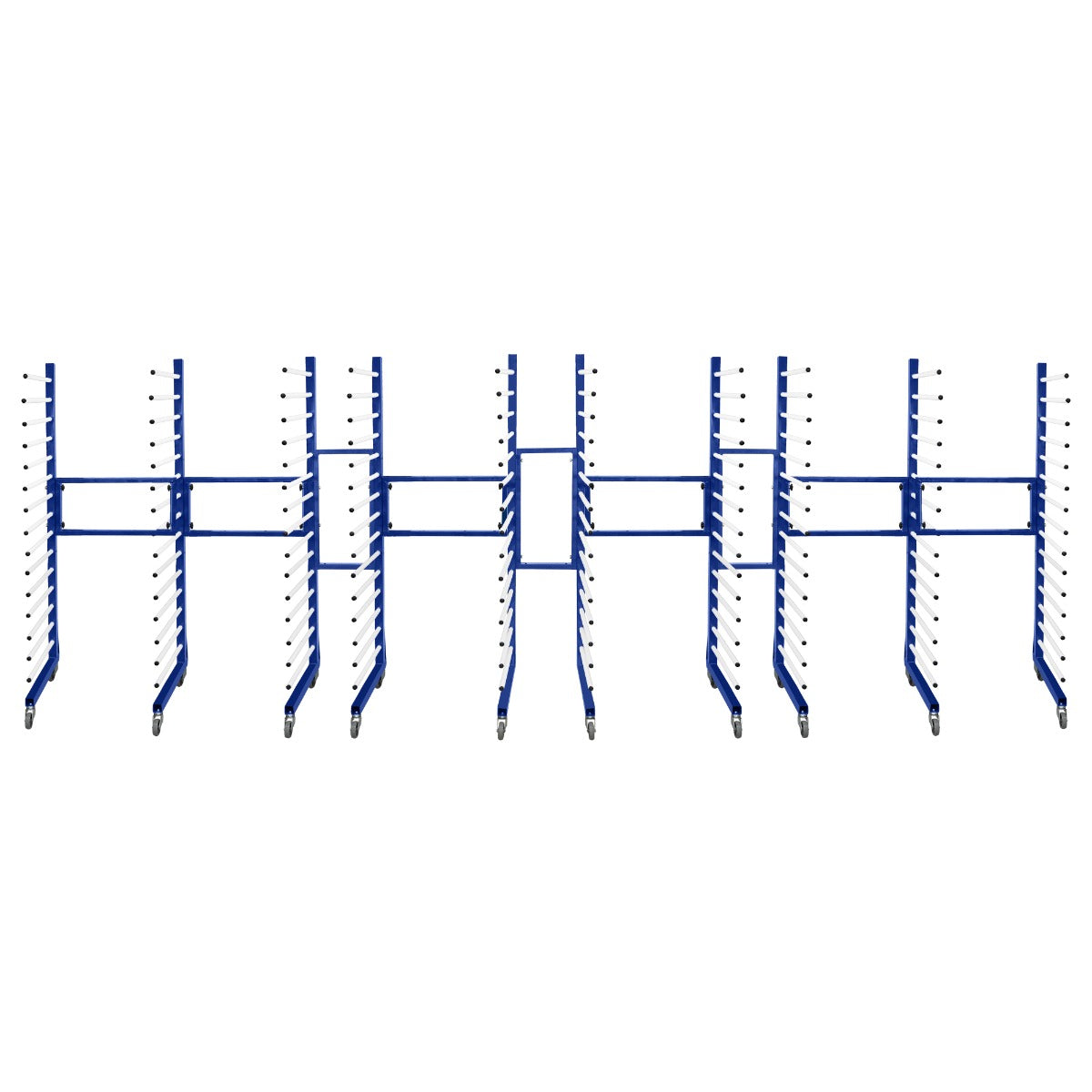 Carrello per asciugatura vernici a spruzzo, struttura blu con cinque ripiani e quattro connettori, design robusto e funzionale