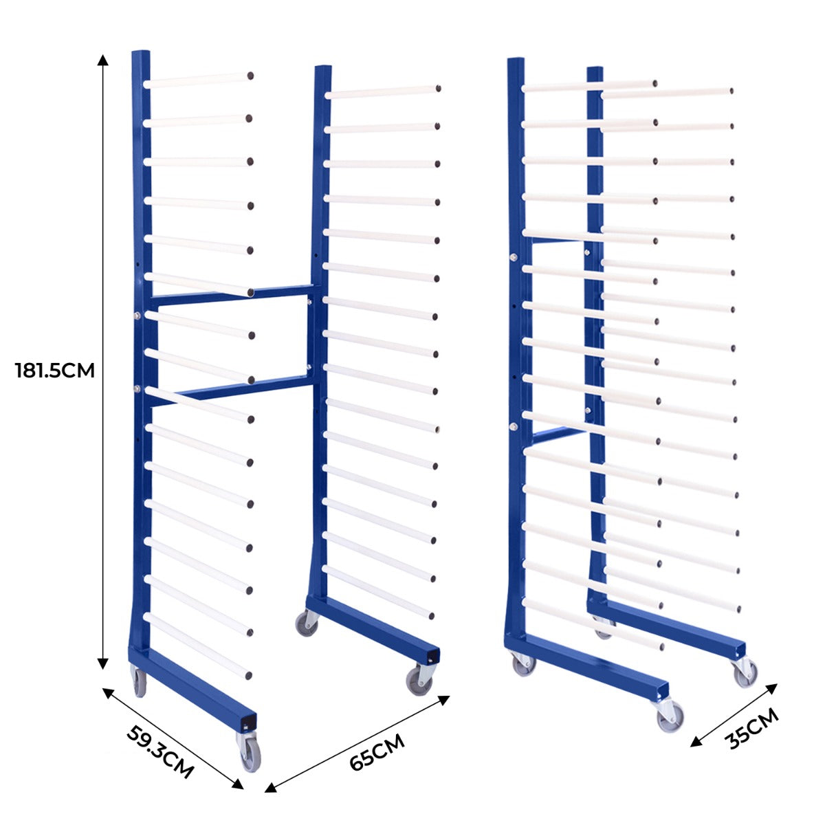 Carrello per asciugatura vernici a spruzzo, struttura blu con barre bianche, ruote per facilità di movimento, dimensioni 181,5 x 65 x 35 cm