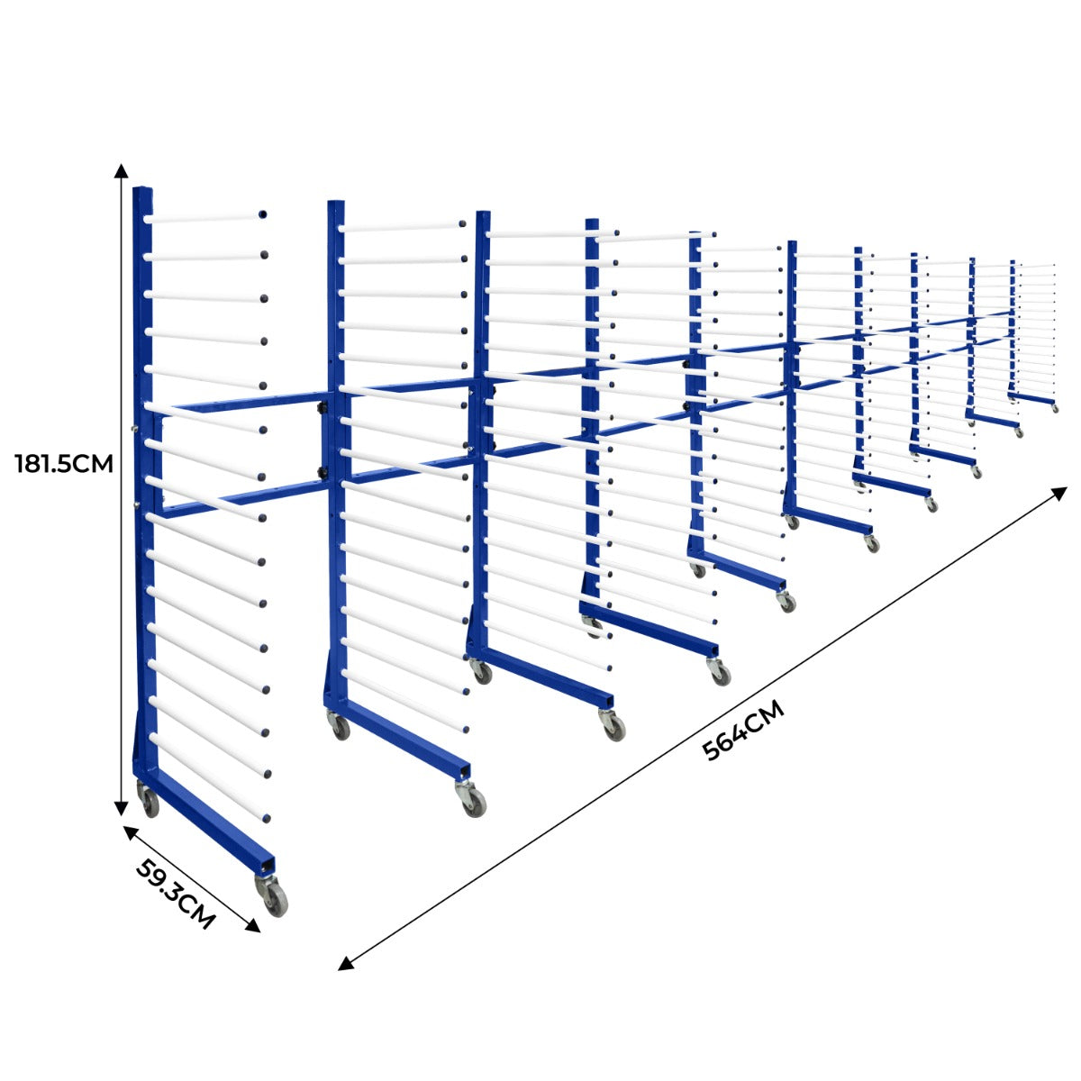 Carrello per asciugatura vernici a spruzzo combinato, struttura blu con barre bianche, dimensioni 181,5 cm x 564 cm, dotato di 4 connettori