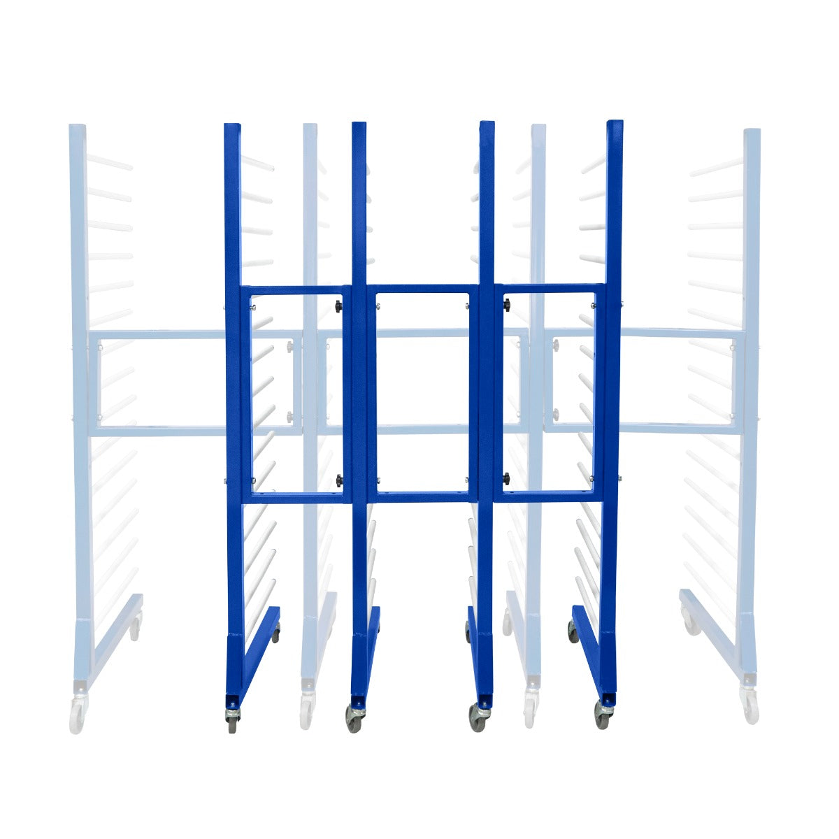 Carrello per asciugatura vernici a spruzzo, struttura in metallo blu, dotato di 5 supporti e 4 connettori, ruote per facilità di movimento