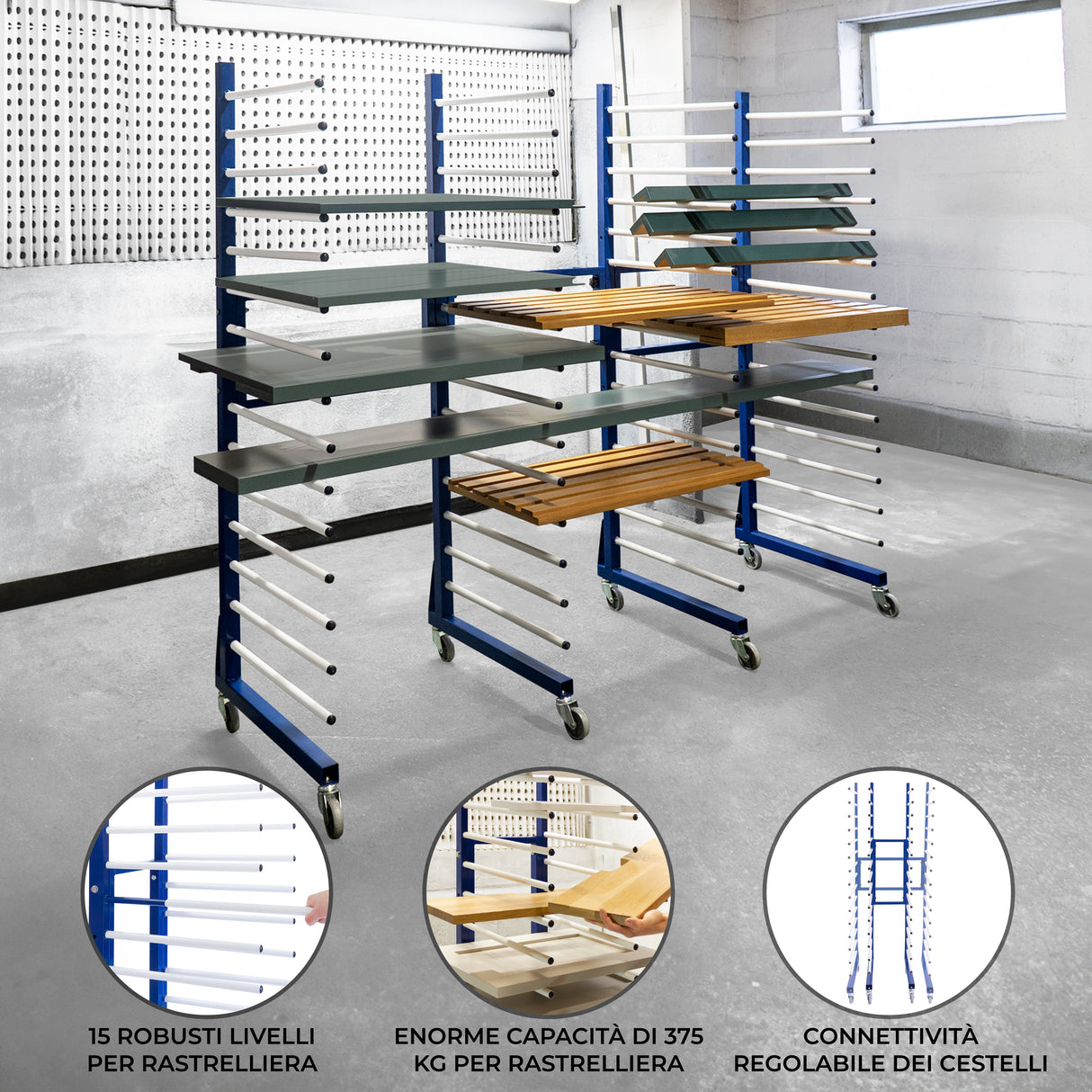 Carrello per asciugatura vernici a spruzzo con 5 livelli, struttura blu, ripiani in legno, ruote per facile mobilità e connettori regolabili