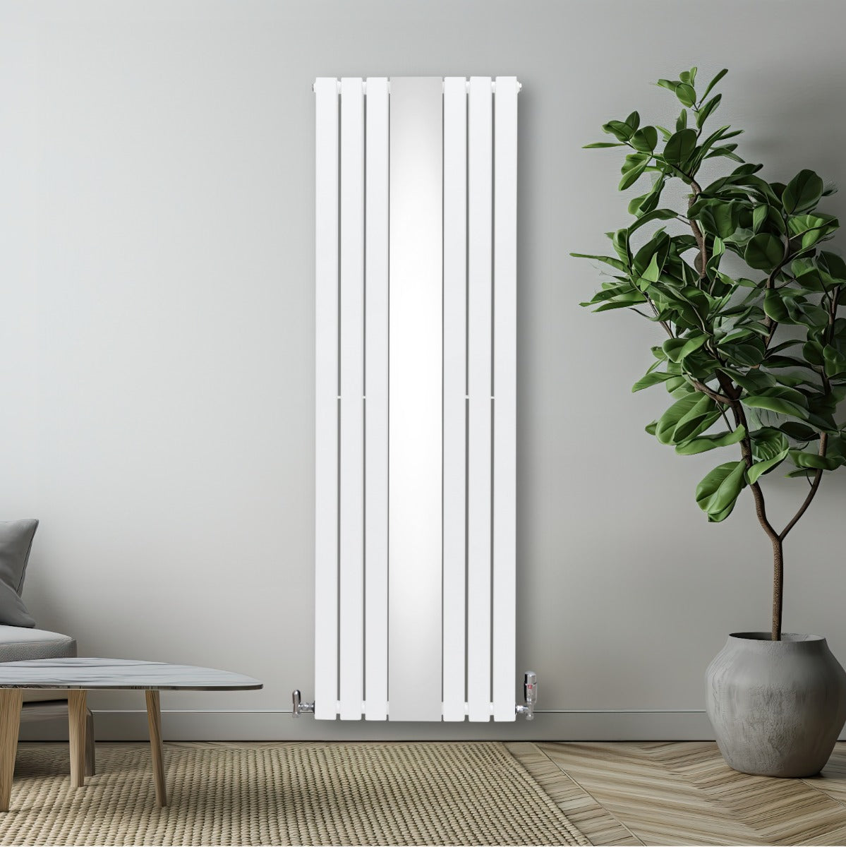 Radiatore a specchio piatto bianco, 1800mm x 565mm, con finitura liscia e design moderno, posizionato su parete chiara accanto a piante decorative