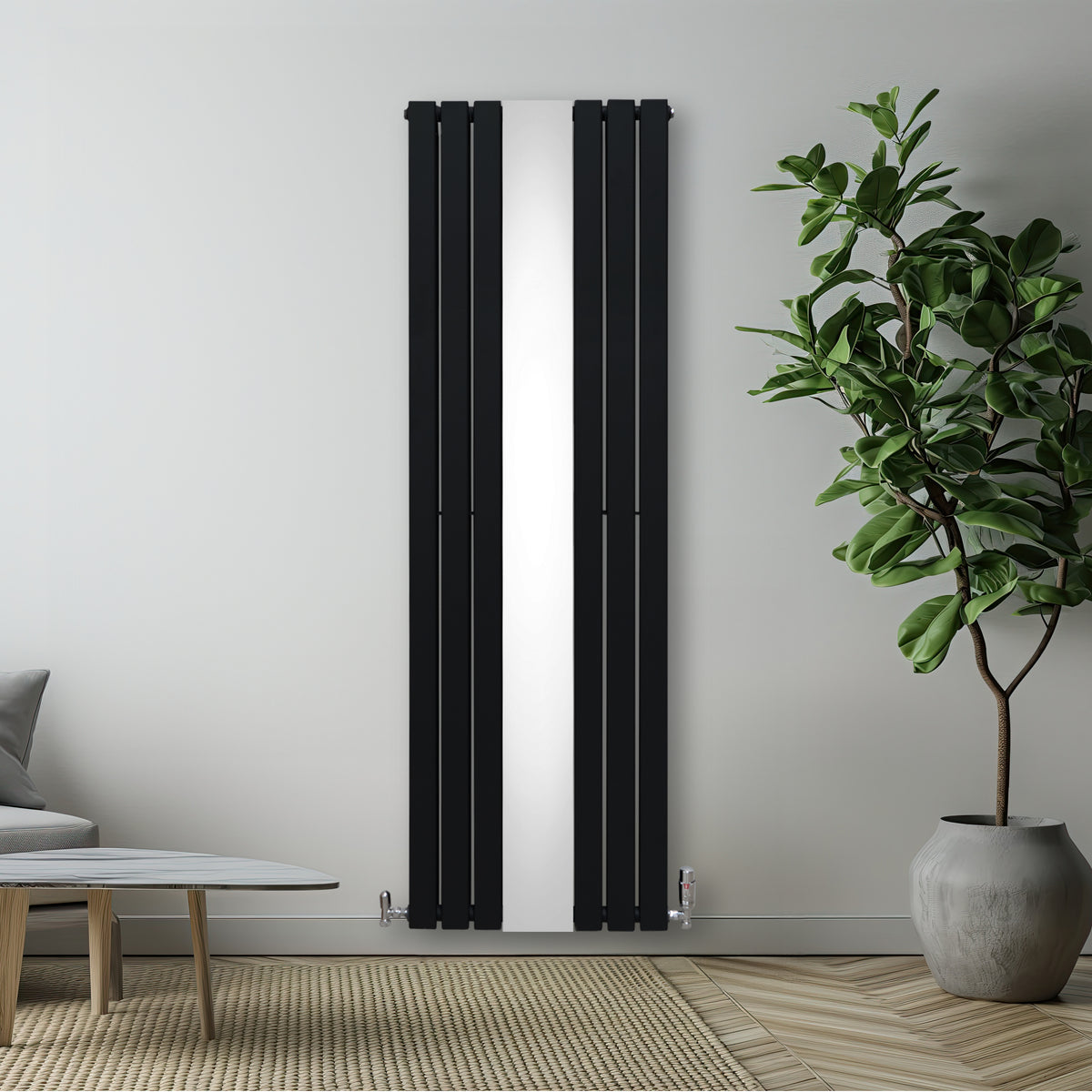 Radiatore a specchio piatto nero, 1800mm x 565mm, con design elegante e linee verticali, riflettente e moderno, in ambiente minimalista