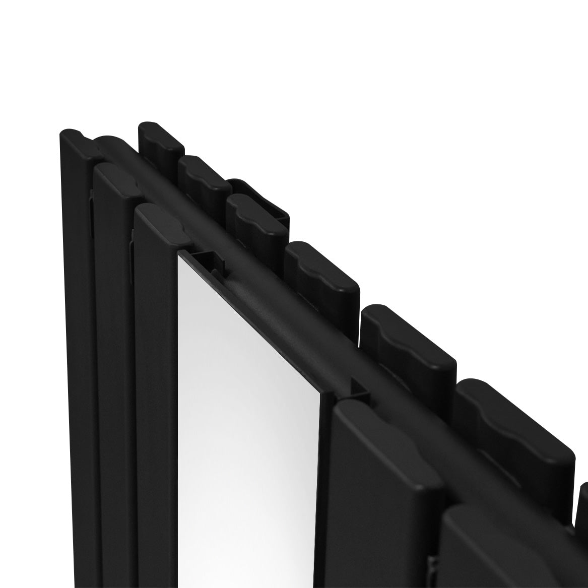 Specchio pieghevole con cornice nera opaca, design moderno e linee eleganti, ideale per spazi ridotti e decorazioni contemporanee
