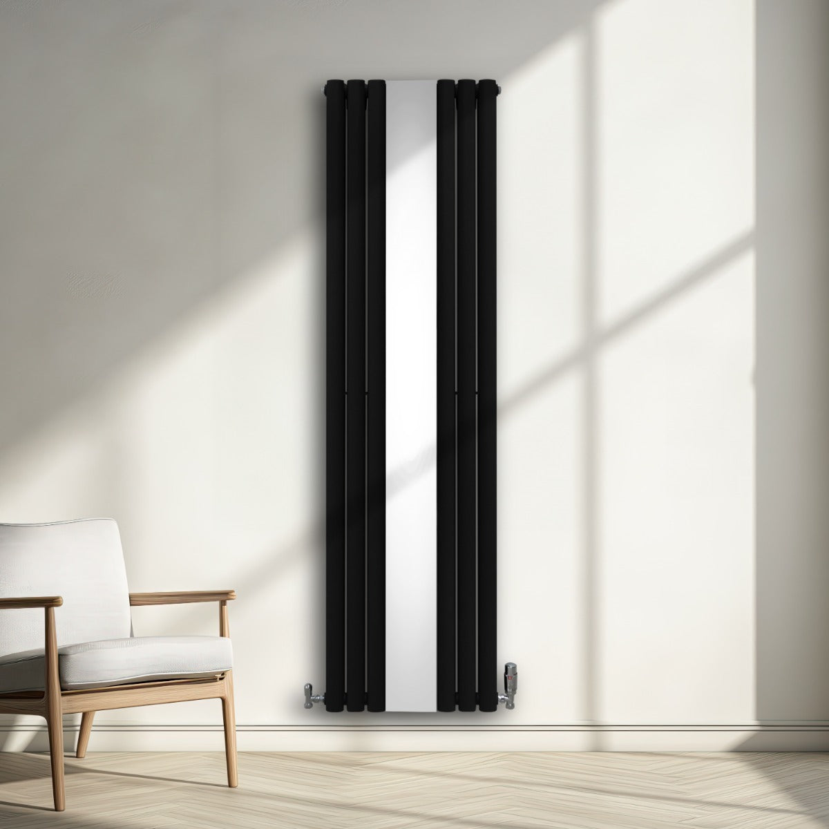 Radiatore a pannelli ovali a specchio nero, 1800 mm x 500 mm, con design elegante e superficie lucida, ideale per interni moderni