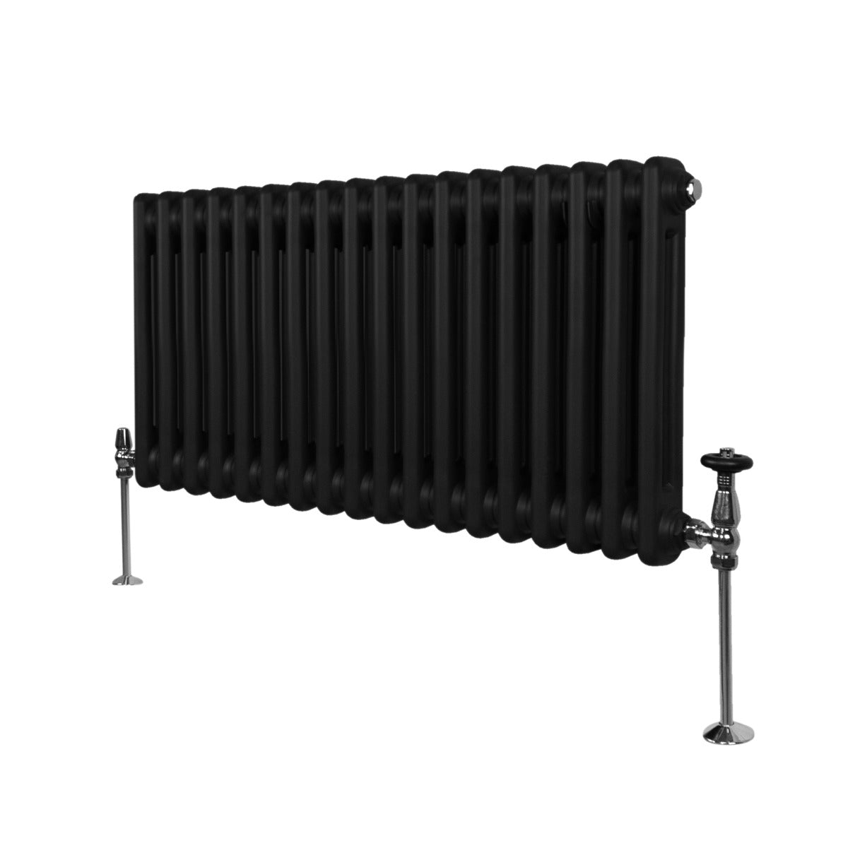 Termosifone a 2 colonne, 300 x 832 mm, colore nero opaco, con finitura liscia e dettagli cromati sui rubinetti e supporti