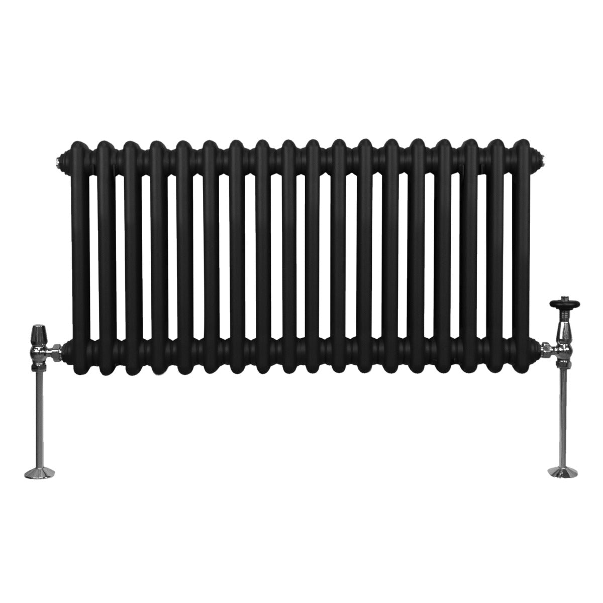 Termosifone a 2 colonne, 300 x 832 mm, colore nero opaco, con tubi rotondi e supporti metallici lucidi, design elegante e moderno