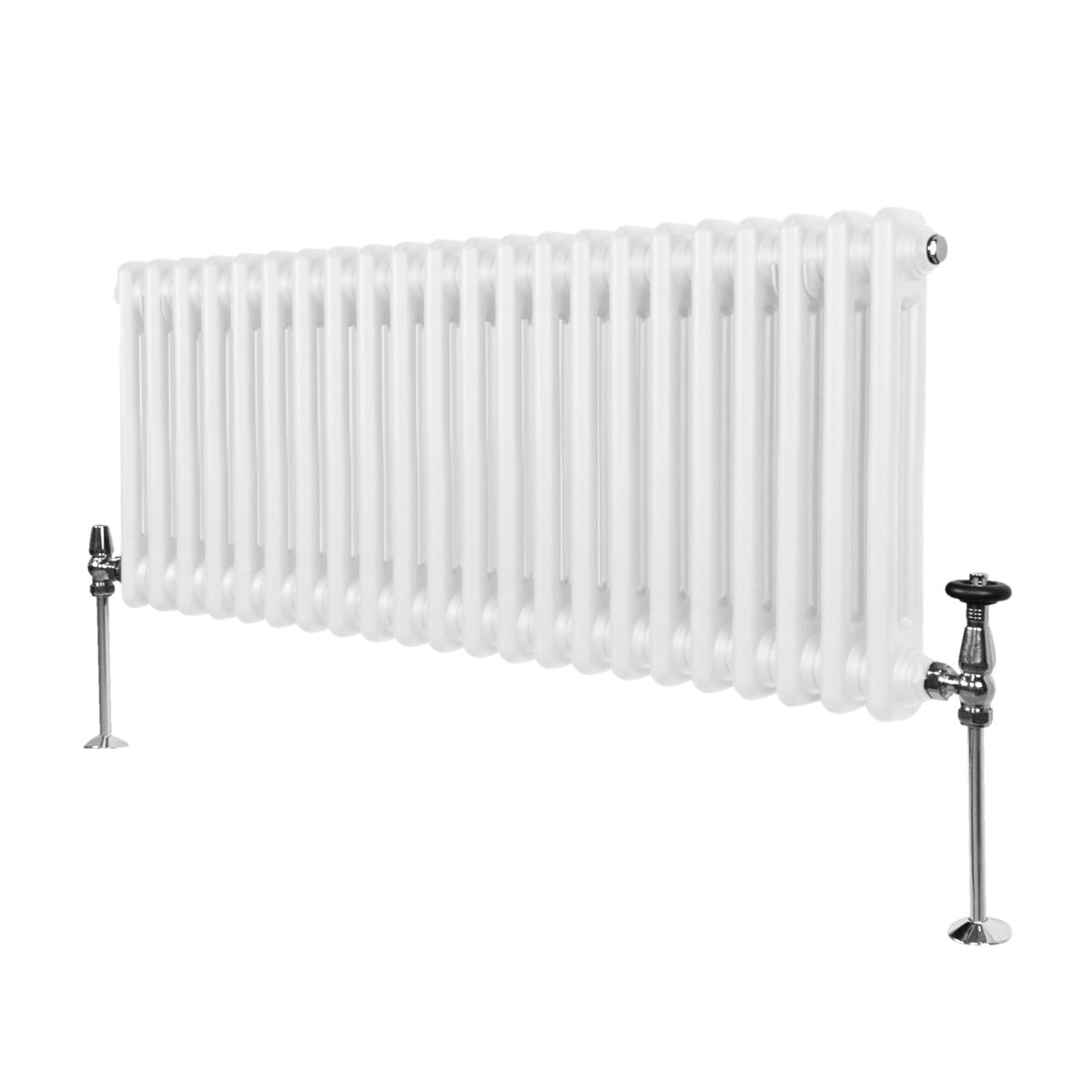 Termosifone a 2 colonne bianco, 300 x 1012mm, con finitura liscia e lucida, dotato di valvole cromate e design elegante per riscaldamento efficiente