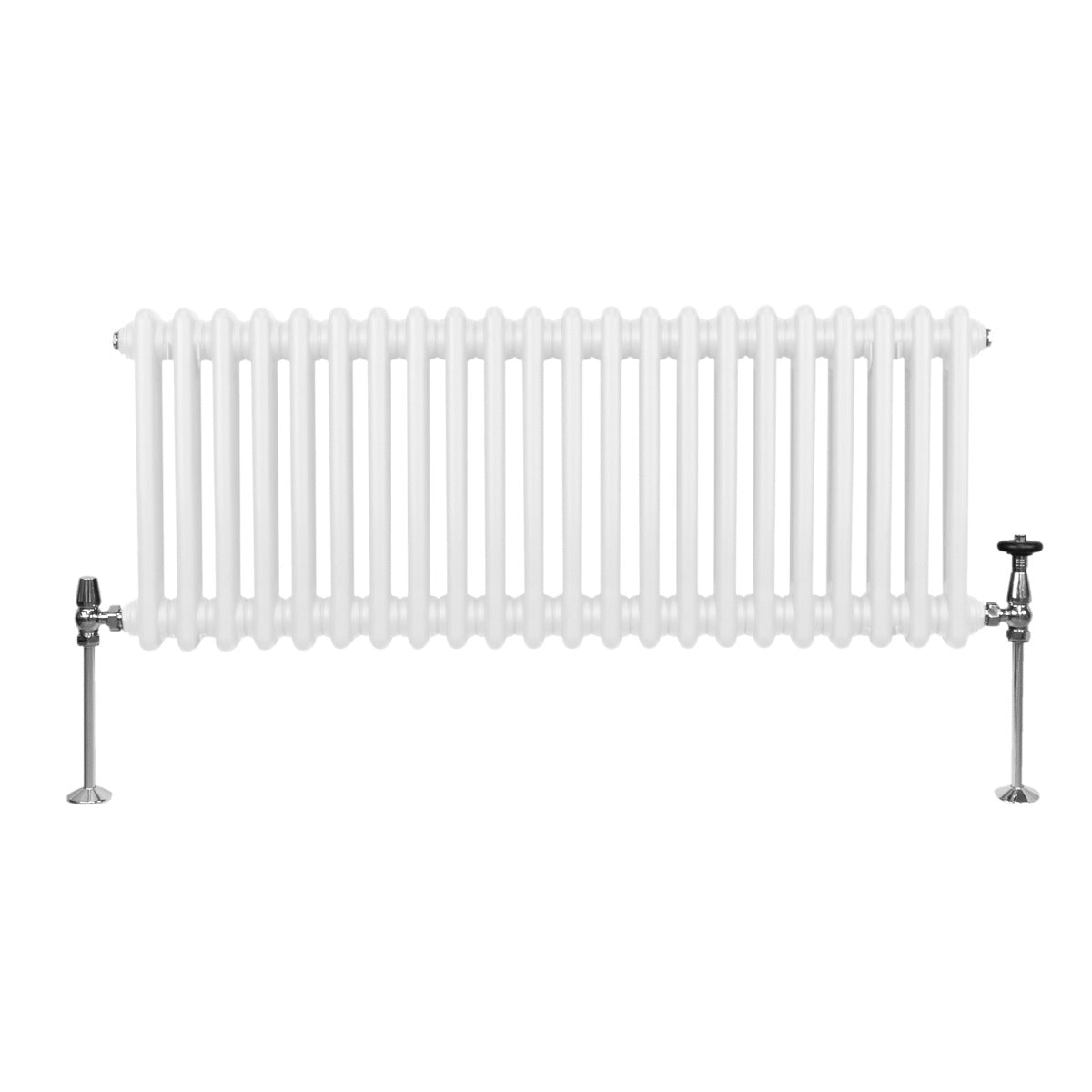 Termosifone a 2 colonne bianco, 300 x 1012mm, con finitura liscia e lucida, dotato di valvole laterali in metallo lucido