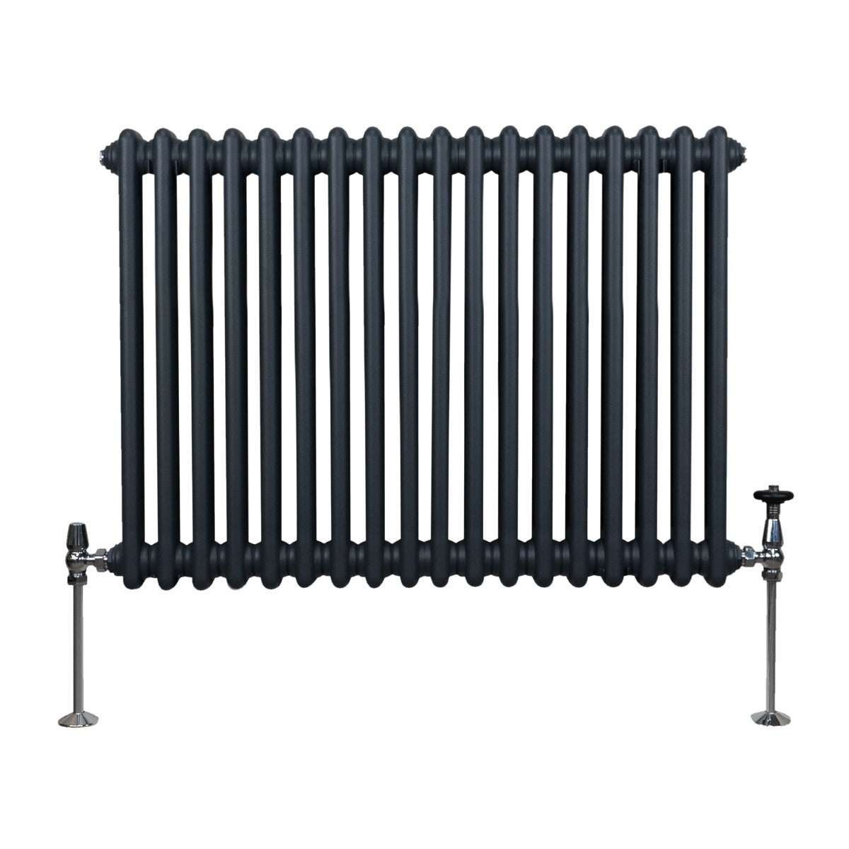 Termosifone a 2 colonne grigio antracite, con tubi rotondi e finitura liscia, altezza 600 mm e larghezza 832 mm, adatto per riscaldamento elegante