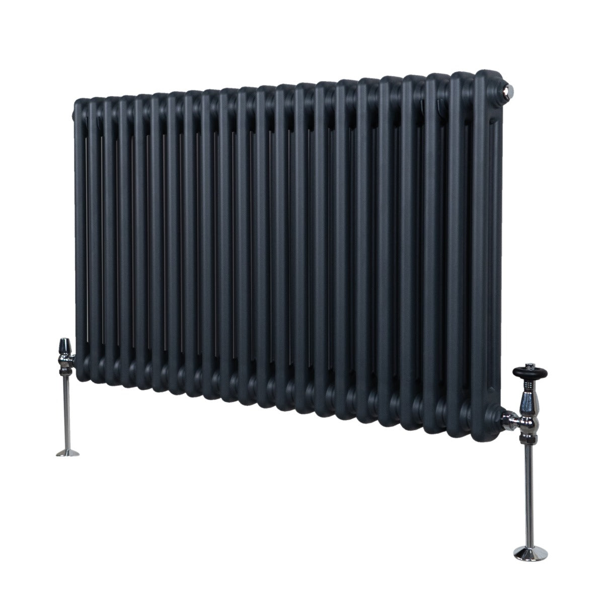 Termosifone a 2 colonne in grigio antracite, con finitura liscia, dimensioni 600 x 1012mm, supporti metallici lucidi ai lati