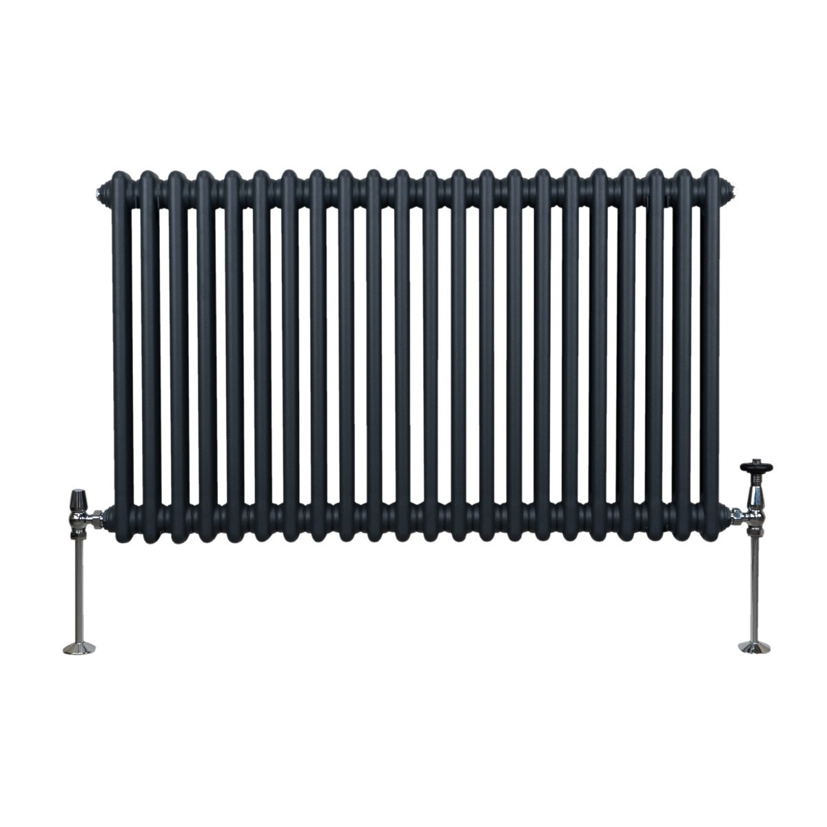 Termosifone a 2 colonne grigio antracite, con finitura liscia e tubi verticali, montato su supporti metallici lucidi, dimensioni 600 x 1012mm