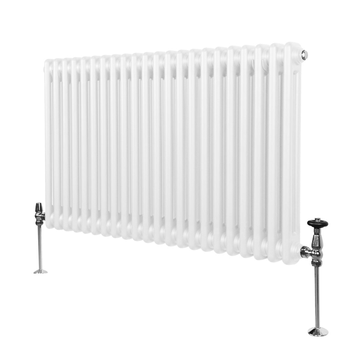 Termosifone a 2 colonne bianco, 600 x 1012mm, con finitura liscia e lucida, supporti in metallo cromato, design elegante e moderno