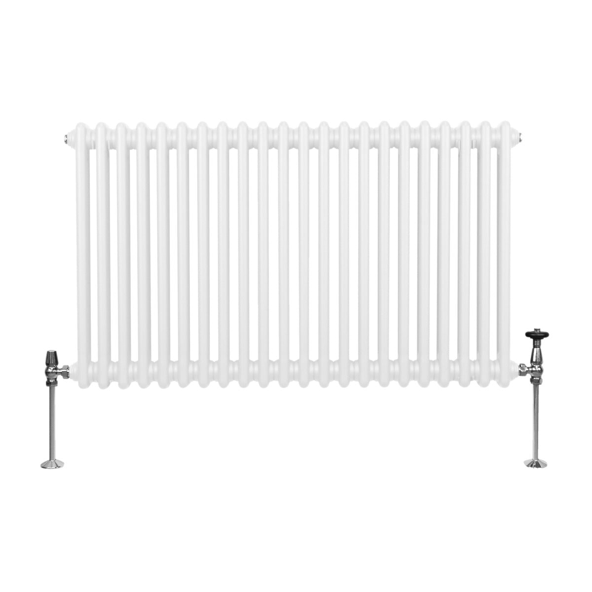 Termosifone a 2 colonne bianco, con finitura liscia, tubi rotondi e supporti metallici lucidi, dimensioni 600 x 1012mm