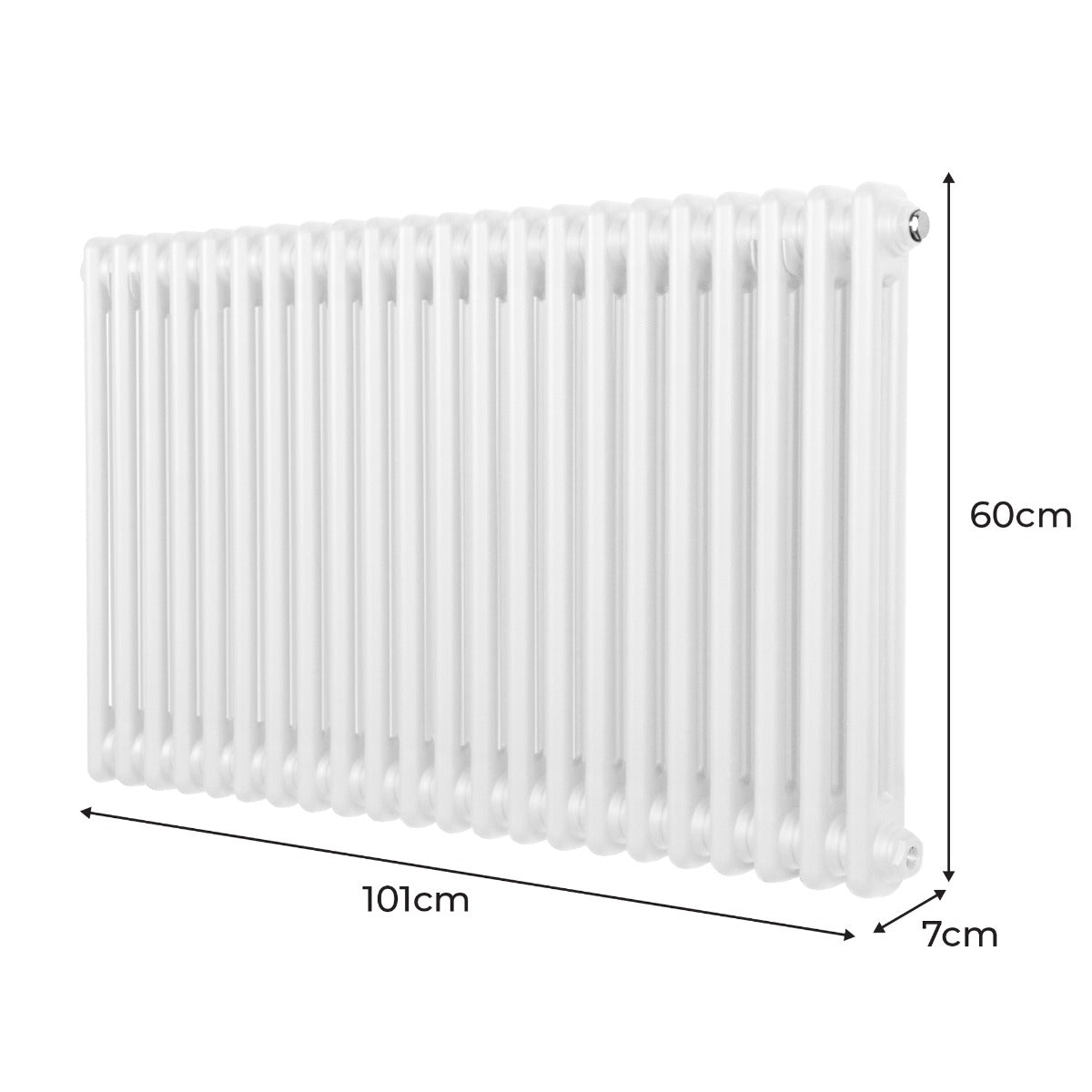 Termosifone bianco a 2 colonne, dimensioni 600 x 1012mm, con superficie liscia e finitura lucida, ideale per riscaldare ambienti