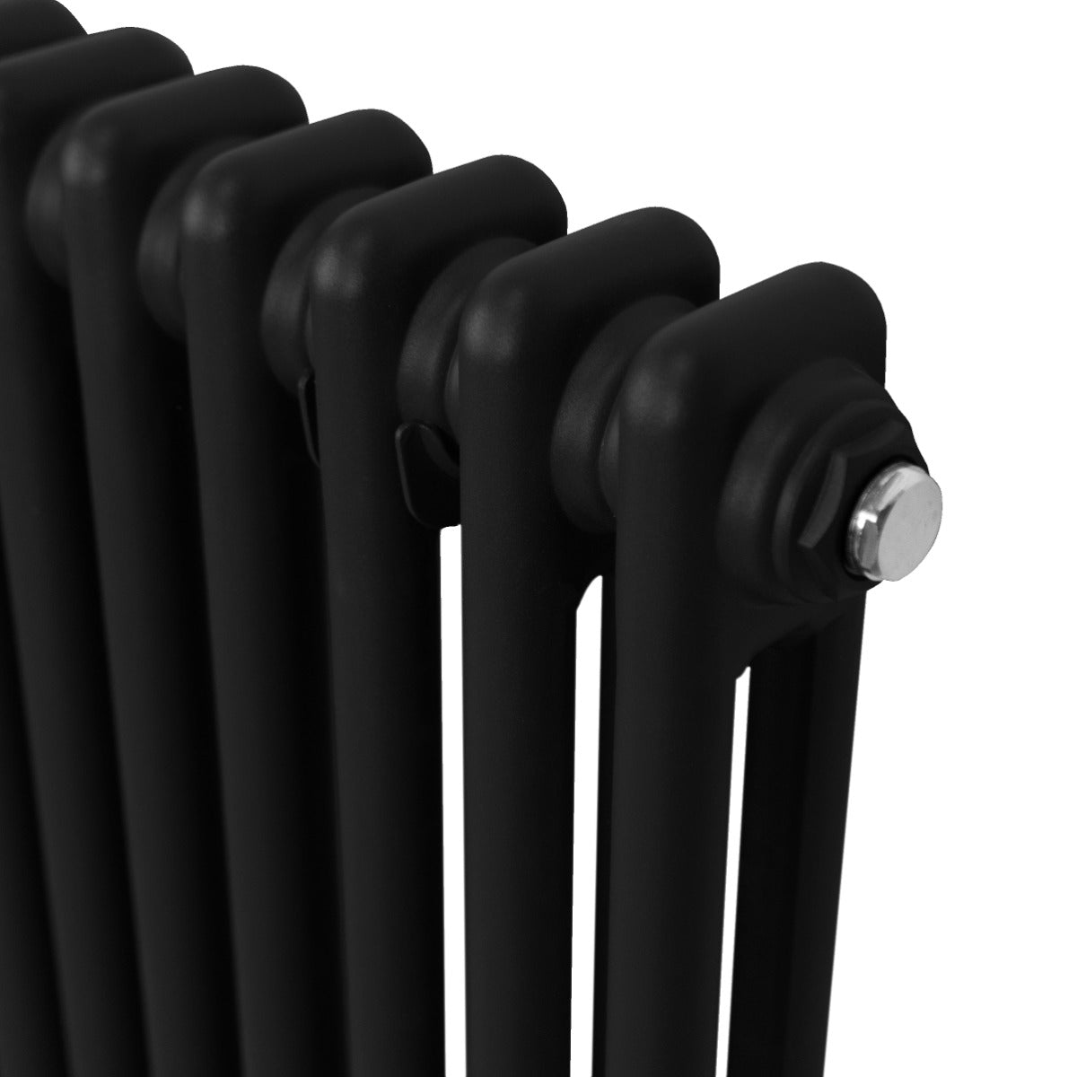 Termosifone a 2 colonne in metallo nero, con finitura opaca, design elegante e linee pulite, ideale per riscaldare ambienti moderni
