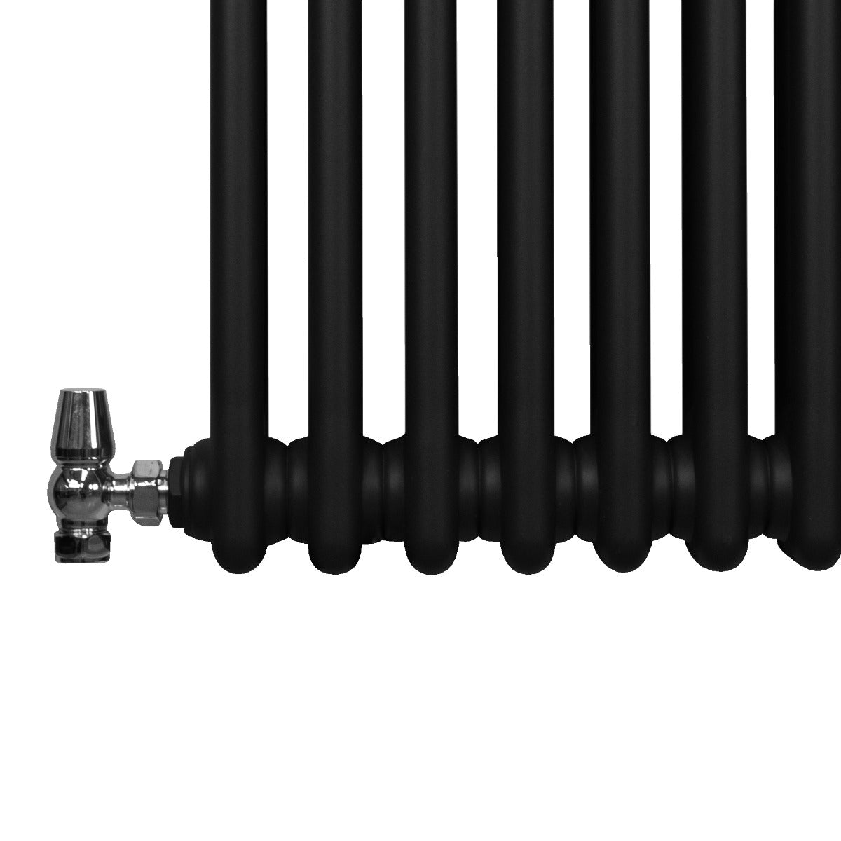 Termosifone a 2 colonne nero, con finitura opaca e tubi rotondi, dotato di valvola cromata per un design elegante e moderno