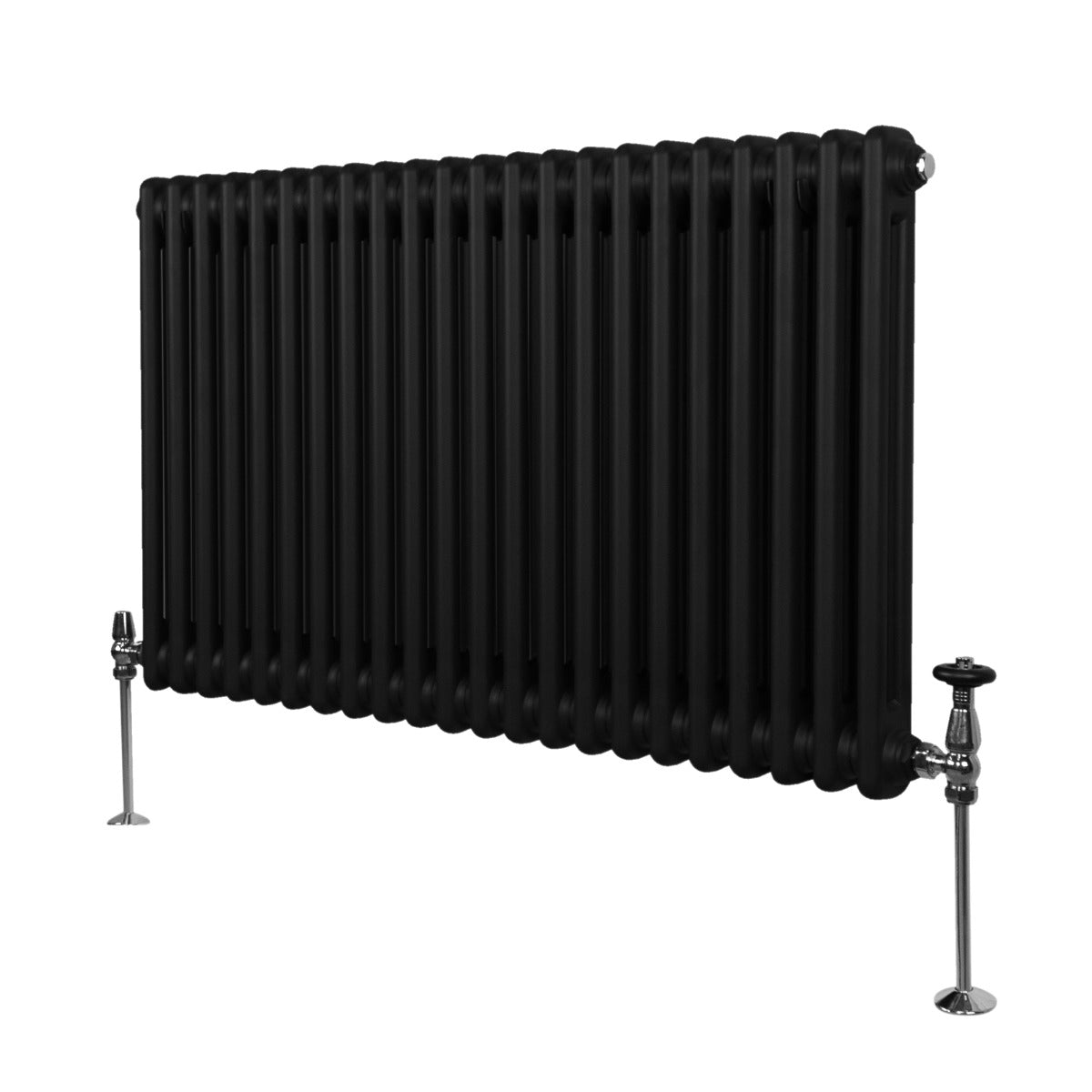 Termosifone a 2 colonne di colore nero, 600 x 1012mm, con finitura liscia e tubi verticali, montato su supporti metallici lucidi