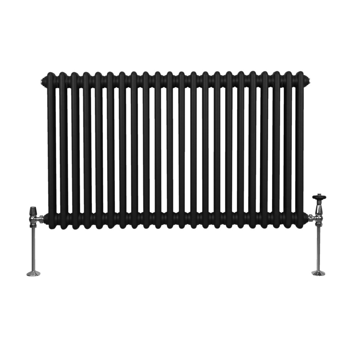 Termosifone a 2 colonne in nero, 600 x 1012mm, con finitura liscia e tubi verticali, dotato di valvole cromate ai lati