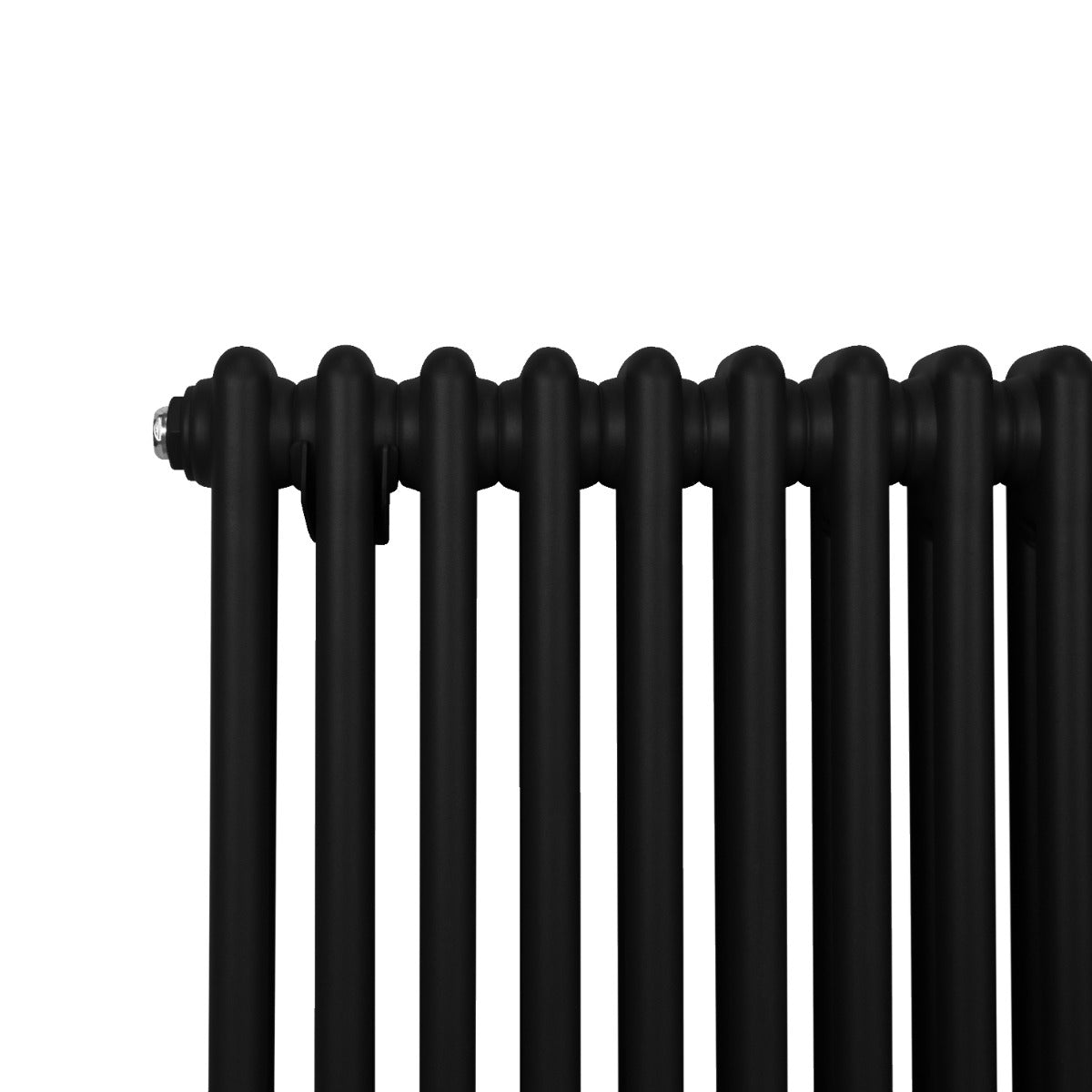Termosifone a 2 colonne in metallo nero, con finitura opaca, composto da tubi verticali e design elegante e moderno