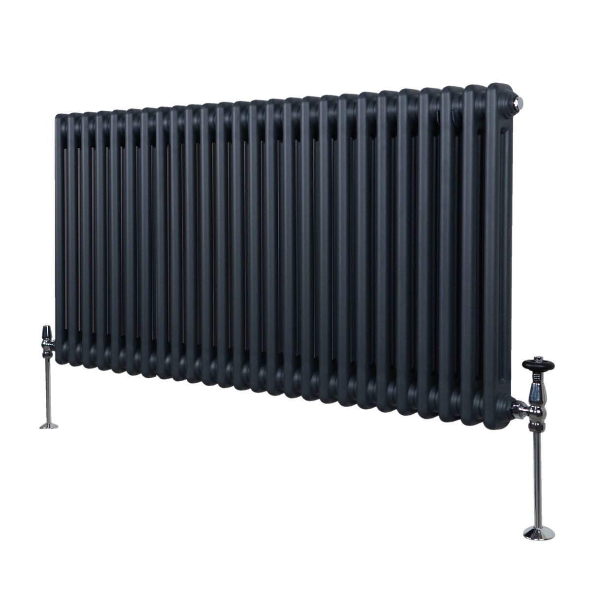 Termosifone a 2 colonne grigio antracite, con finitura liscia e tubi rotondi, montato su supporti metallici lucidi, design elegante e moderno