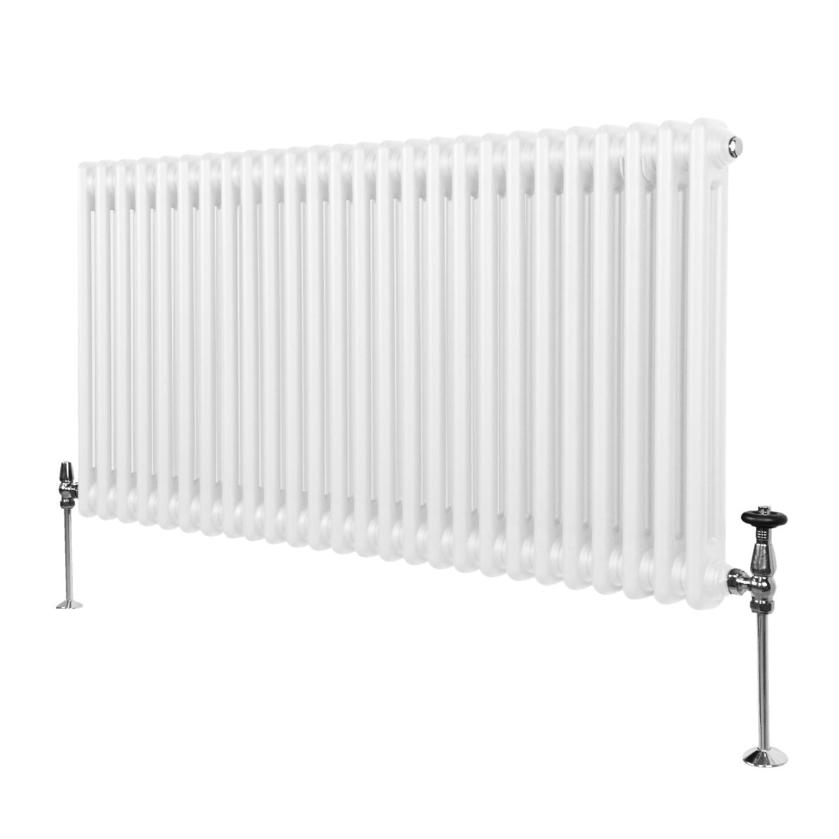 Termosifone a 2 colonne bianco, 600 x 1192mm, con finitura liscia e lucida, dotato di valvole cromate ai lati per un design elegante