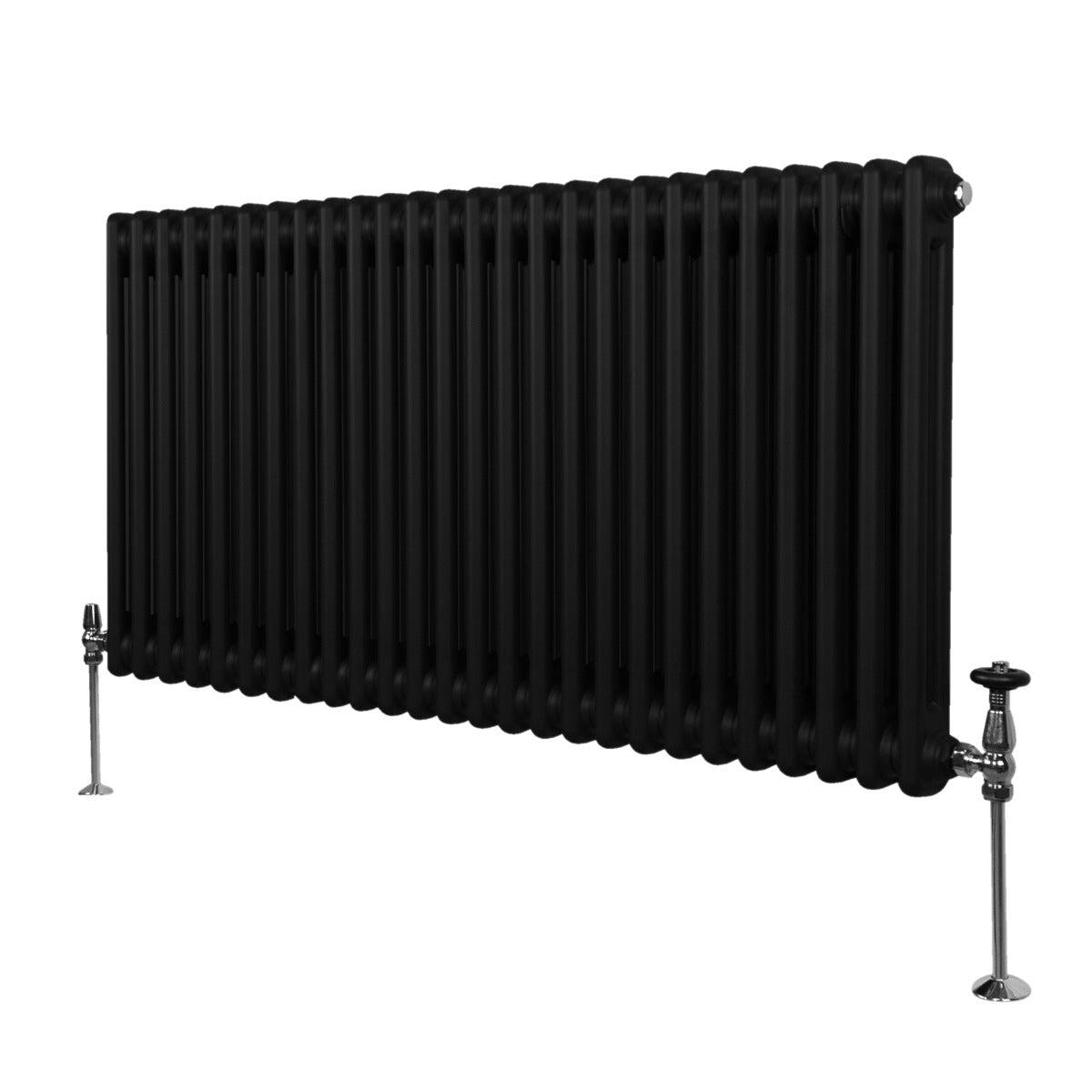 Termosifone a 2 colonne in metallo nero, con finitura liscia e lucida, misura 600 x 1192mm, dotato di valvole cromate ai lati
