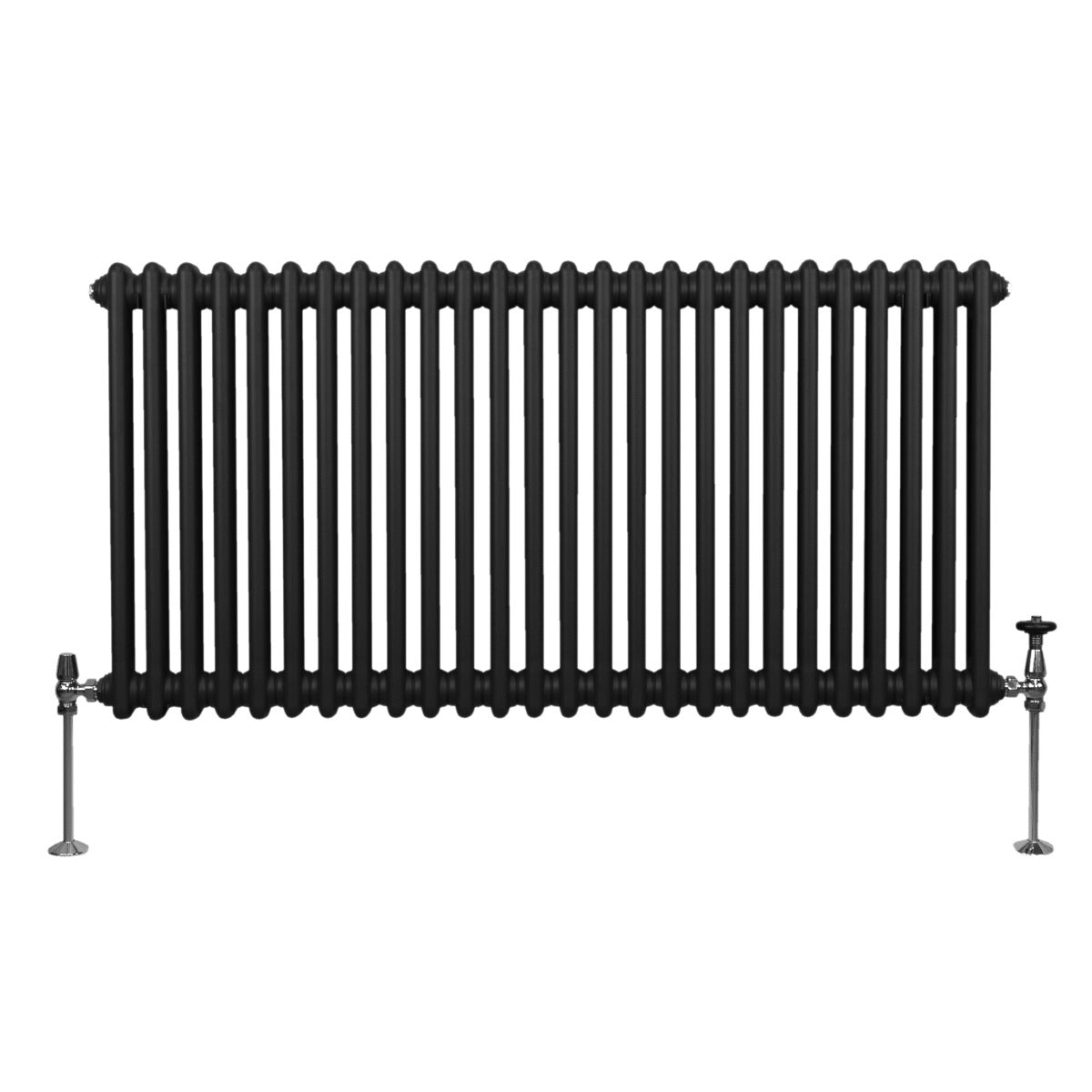 Termosifone a 2 colonne in nero, 600 x 1192mm, con finitura liscia e tubi verticali, montato su supporti metallici lucidi