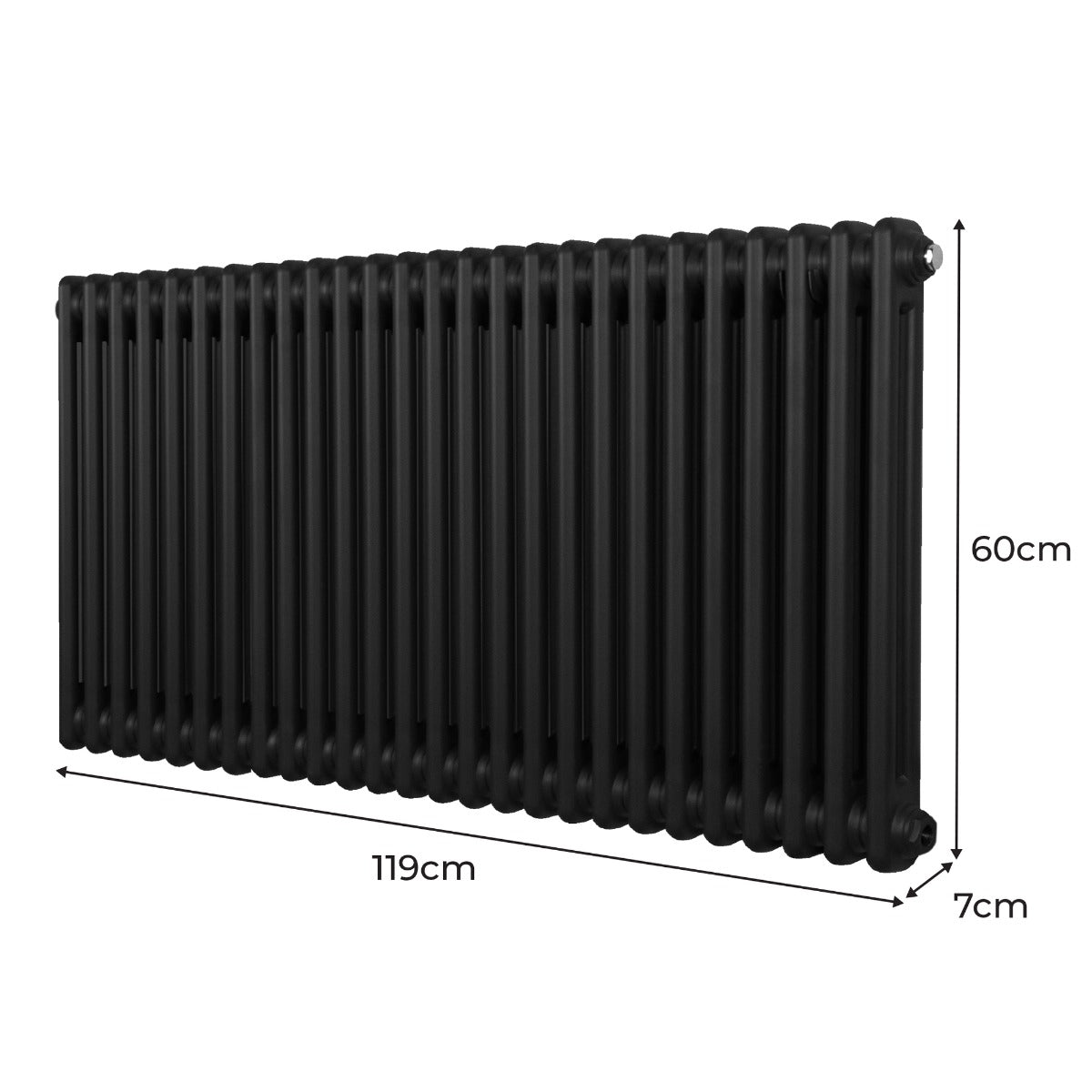 Termosifone a 2 colonne nero, dimensioni 600 x 1192 mm, con finitura liscia e tubi rotondi, ideale per riscaldamento efficiente