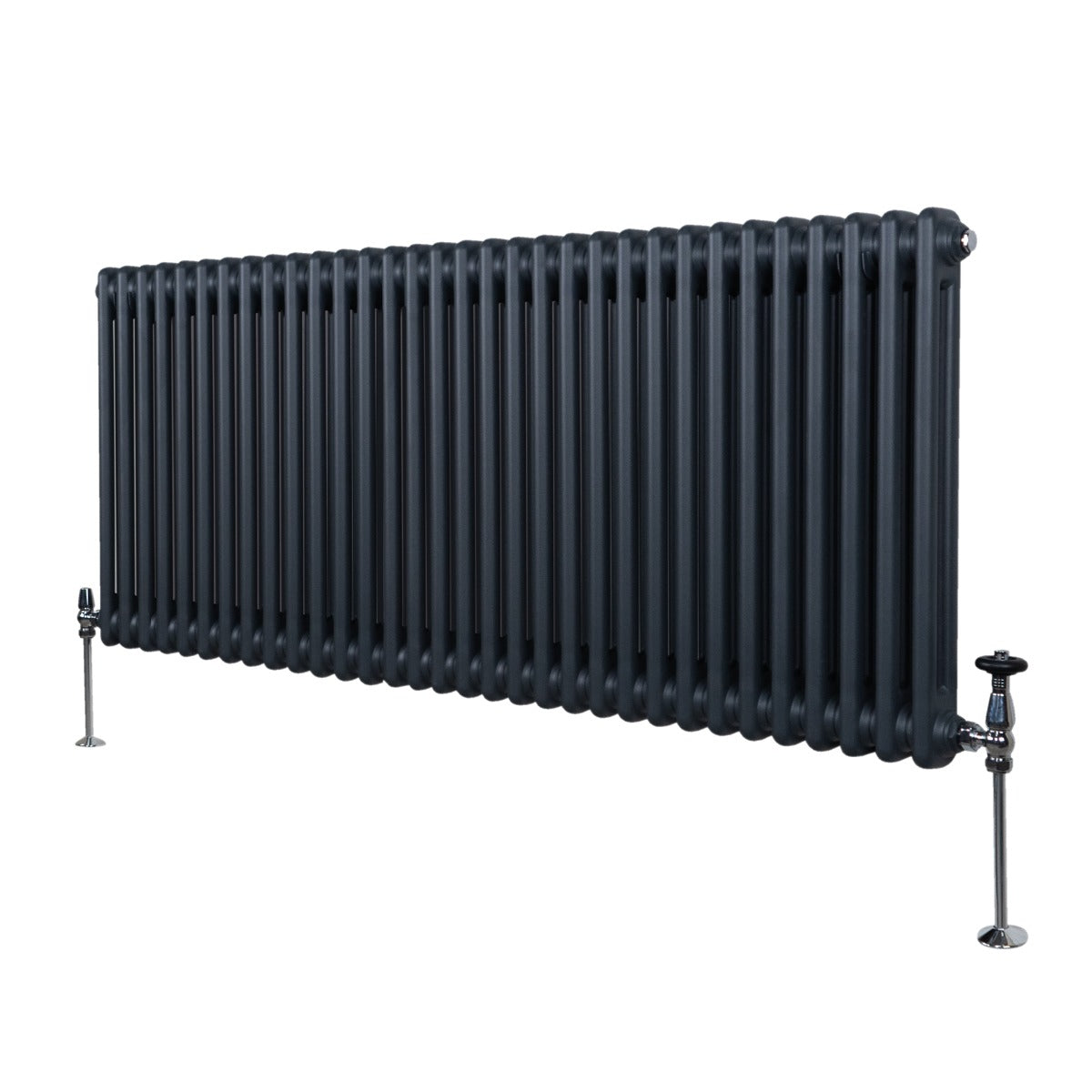 Termosifone a 2 colonne grigio antracite, 600 x 1462mm, con finitura liscia e tubi rotondi, montato su supporti metallici eleganti
