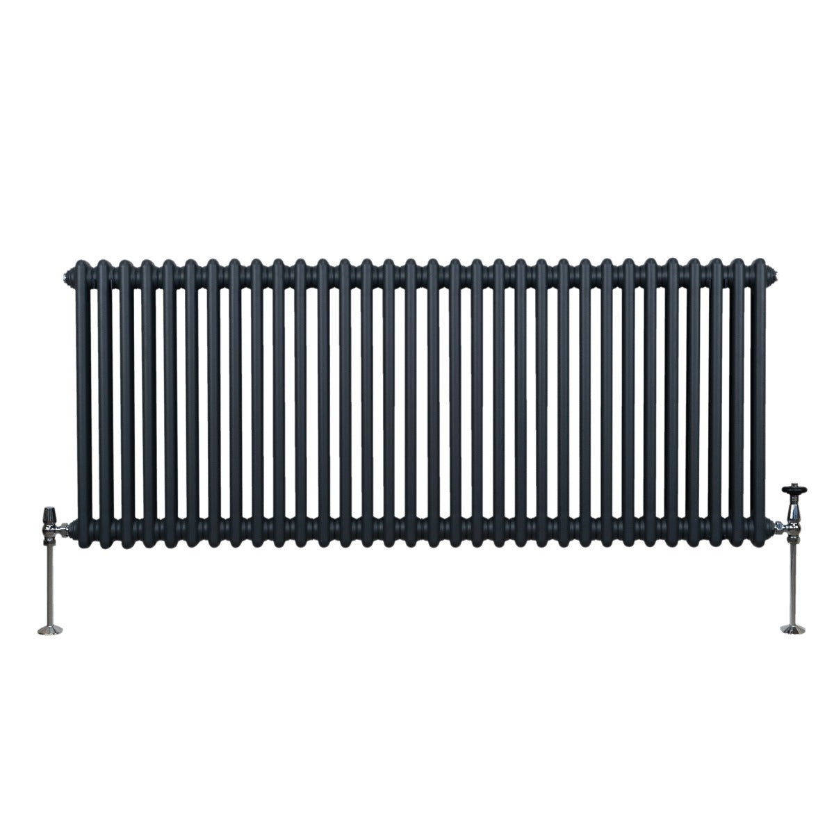 Termosifone a 2 colonne in grigio antracite, con finitura liscia e tubi verticali, misura 600 x 1462mm, montato su supporti metallici