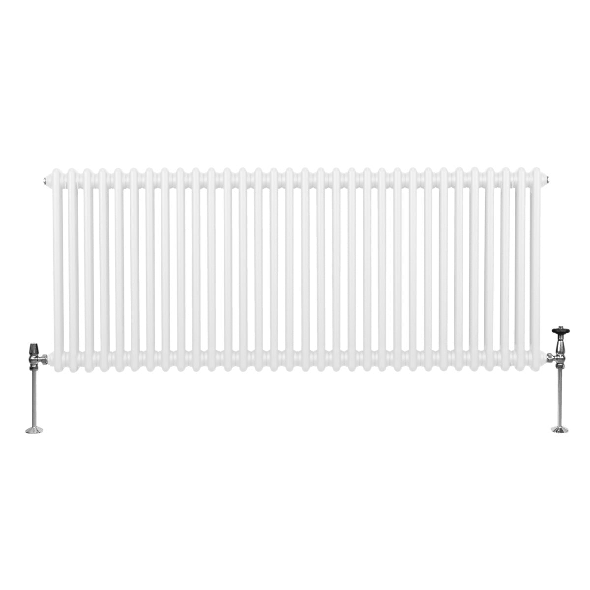 Termosifone a 2 colonne bianco, 600 x 1462mm, con finitura liscia e tubi verticali, dotato di valvole in metallo lucido