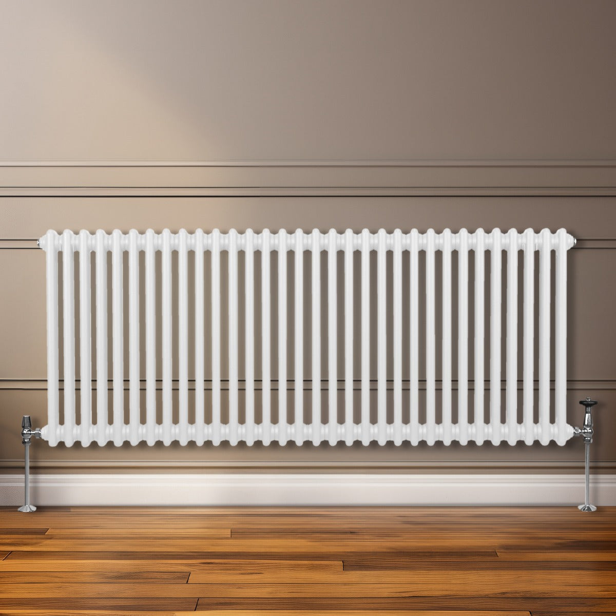 Termosifone a 2 colonne bianco, 600 x 1462mm, con finitura liscia e lucida, installato su parete con pavimento in legno chiaro