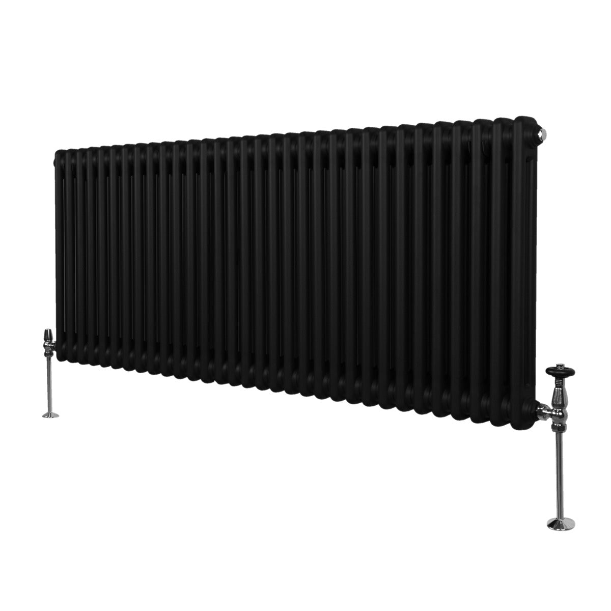 Termosifone a 2 colonne in metallo nero, dimensioni 600 x 1462mm, con finitura liscia e dettagli cromati sui rubinetti