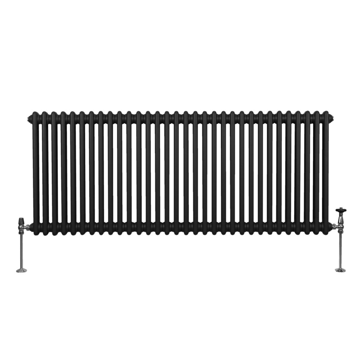 Termosifone a 2 colonne in nero, 600 x 1462mm, con finitura liscia e tubi verticali, supporti metallici eleganti ai lati