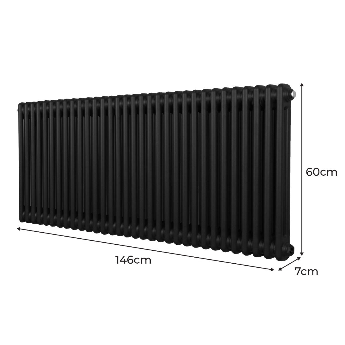 Termosifone a 2 colonne di colore nero, dimensioni 600 x 1462 mm, con superficie liscia e design elegante, ideale per riscaldare ambienti